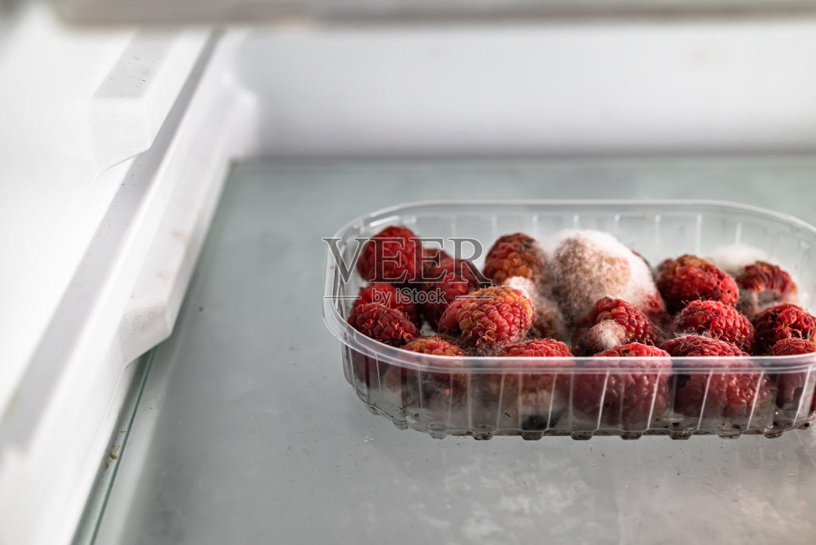 冰箱里塑料篮子里发霉的覆盆子。过期的食物，变质的食物。照片摄影图片