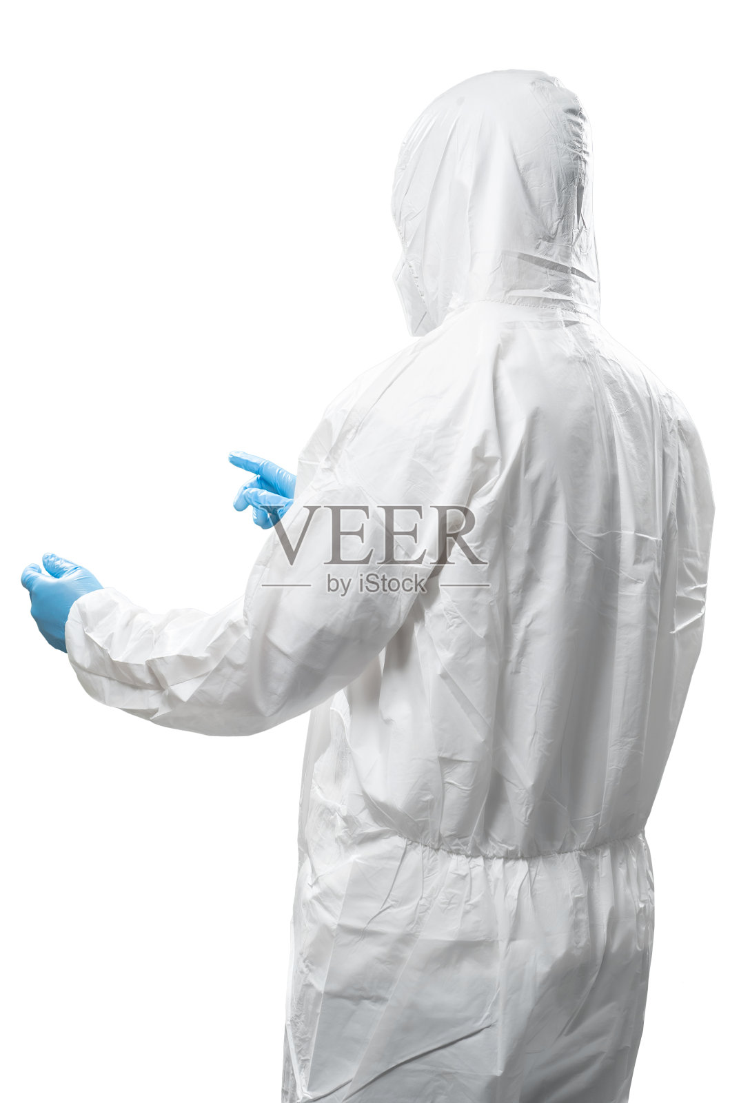 工人穿着医用防护服或白色工作服手伸在白色上隔离照片摄影图片