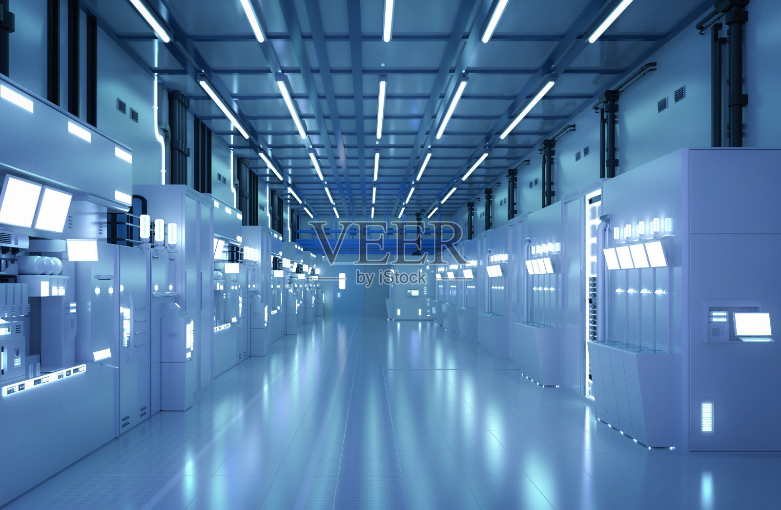 蓝色未来半导体制造工厂或实验室内部与机器和计算机屏幕照片摄影图片