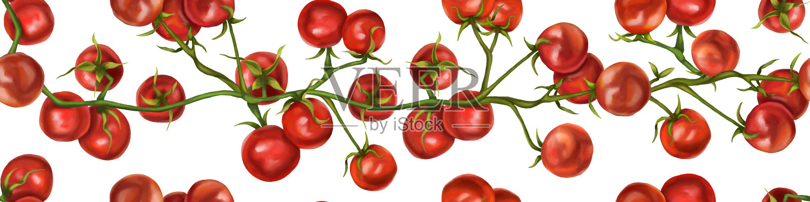 无缝手绘图案与圣女果。植物背景的纺织品，织物，横幅，包装纸和其他设计。白色背景上的数字插图插画图片素材