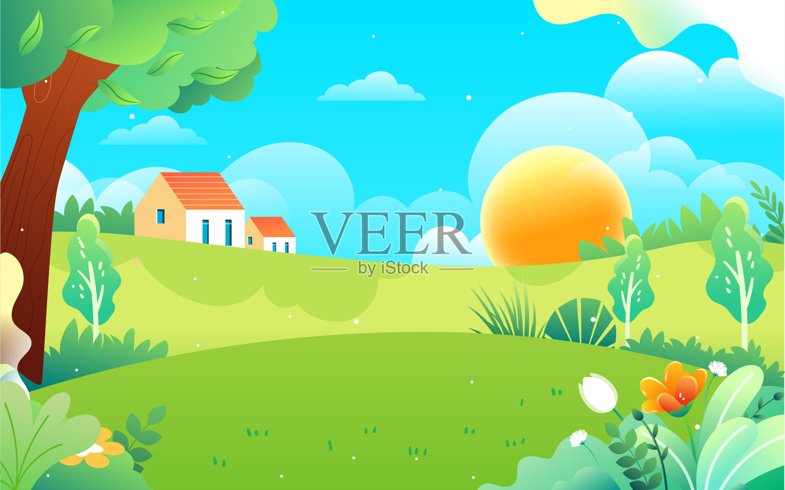 人们在春天旅行和旅行，以山脉和森林为背景，矢量插图插画图片素材