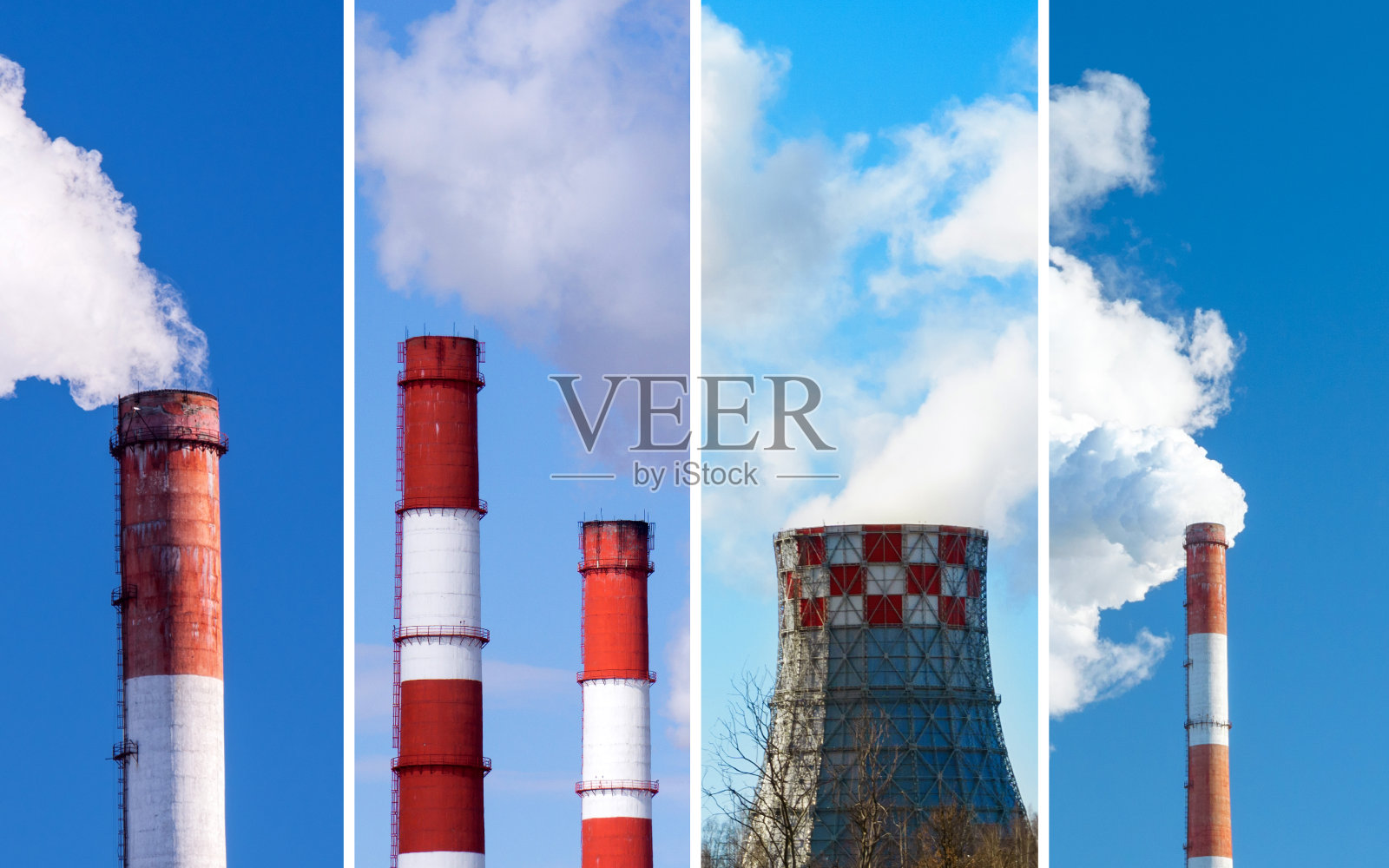 工业工厂污染，烟囱废气。拼贴，方形格式照片摄影图片