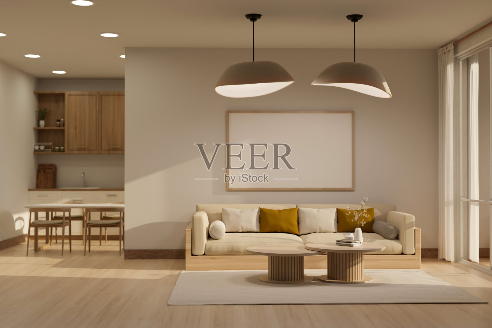 白色和木材风格的豪华当代客厅室内设计，后面有厨房照片摄影图片