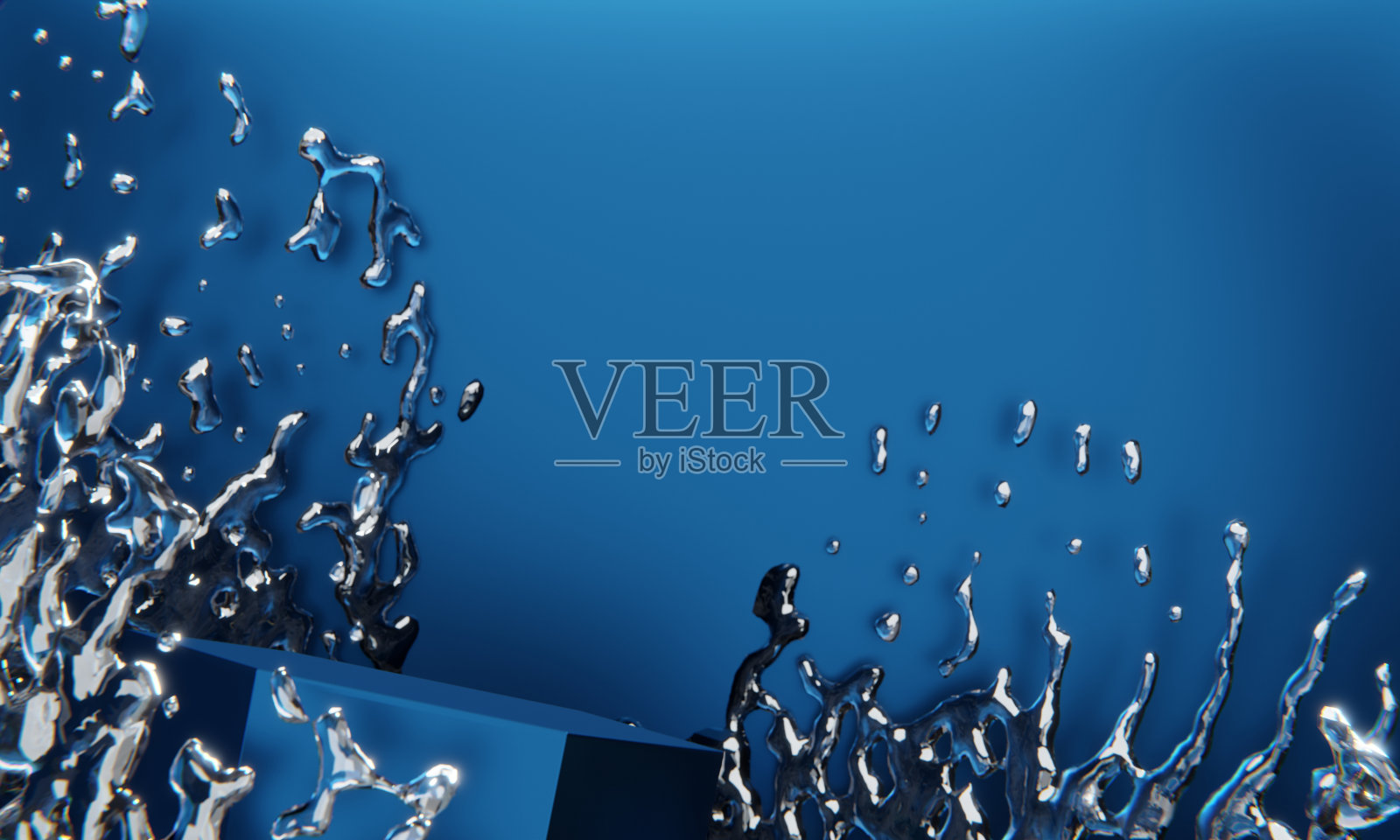 蓝色的讲台和水滴抽象在蓝色的背景上。照片摄影图片