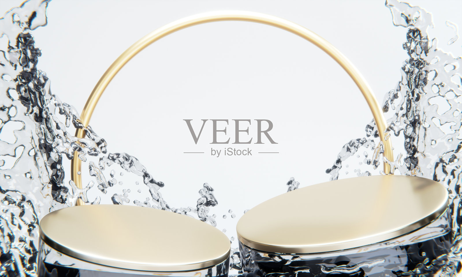 白色的讲台和白色背景上的水花。照片摄影图片