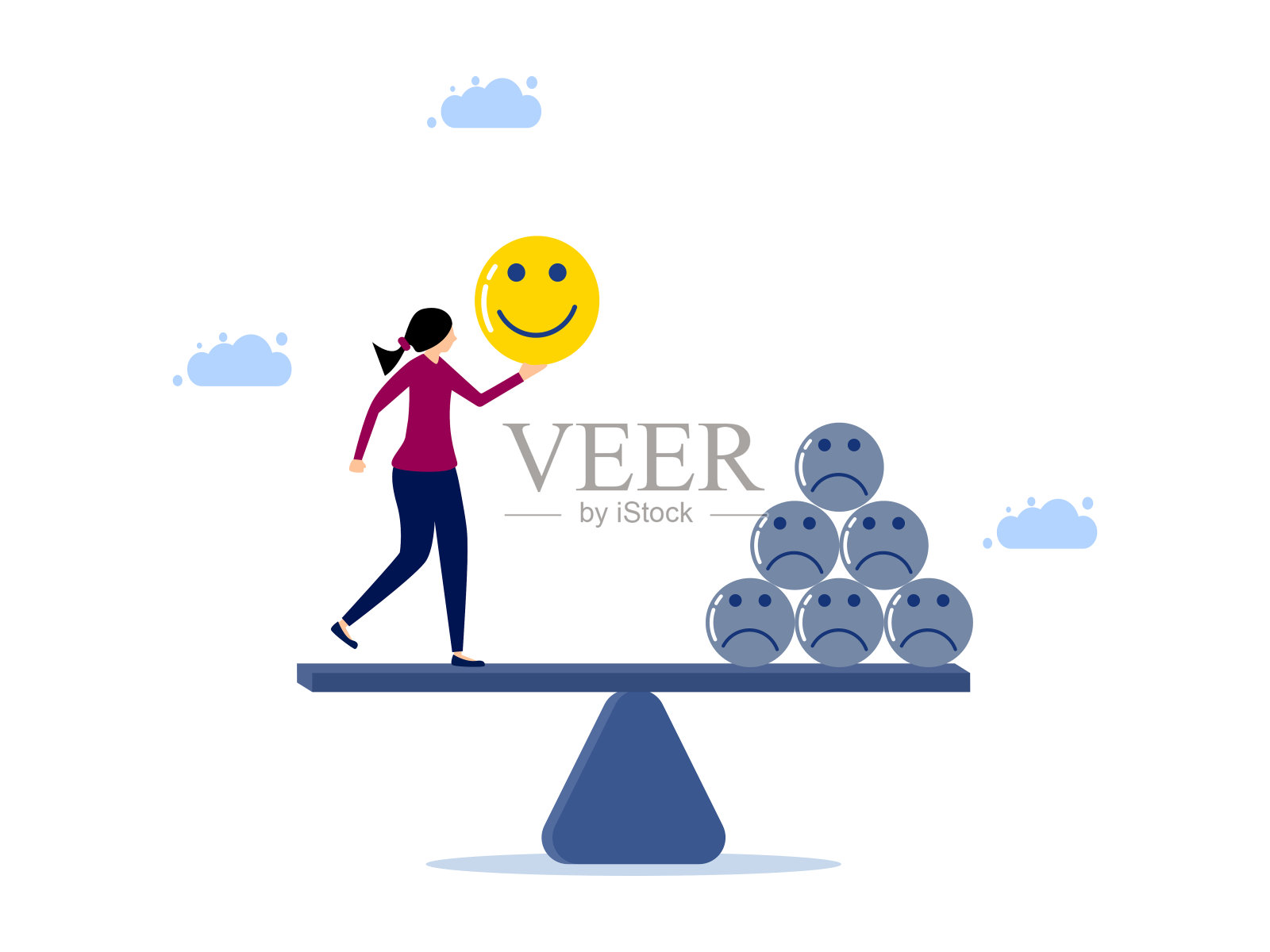 秤上有个微笑的女人。平衡乐观和消极的工作。矢量图插画图片素材