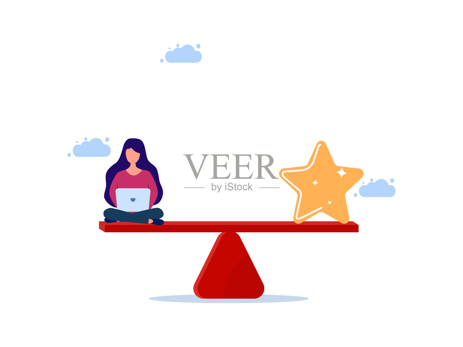 女人用笔记本电脑工作，秤上有星星。工作与工作质量的平衡插画图片素材