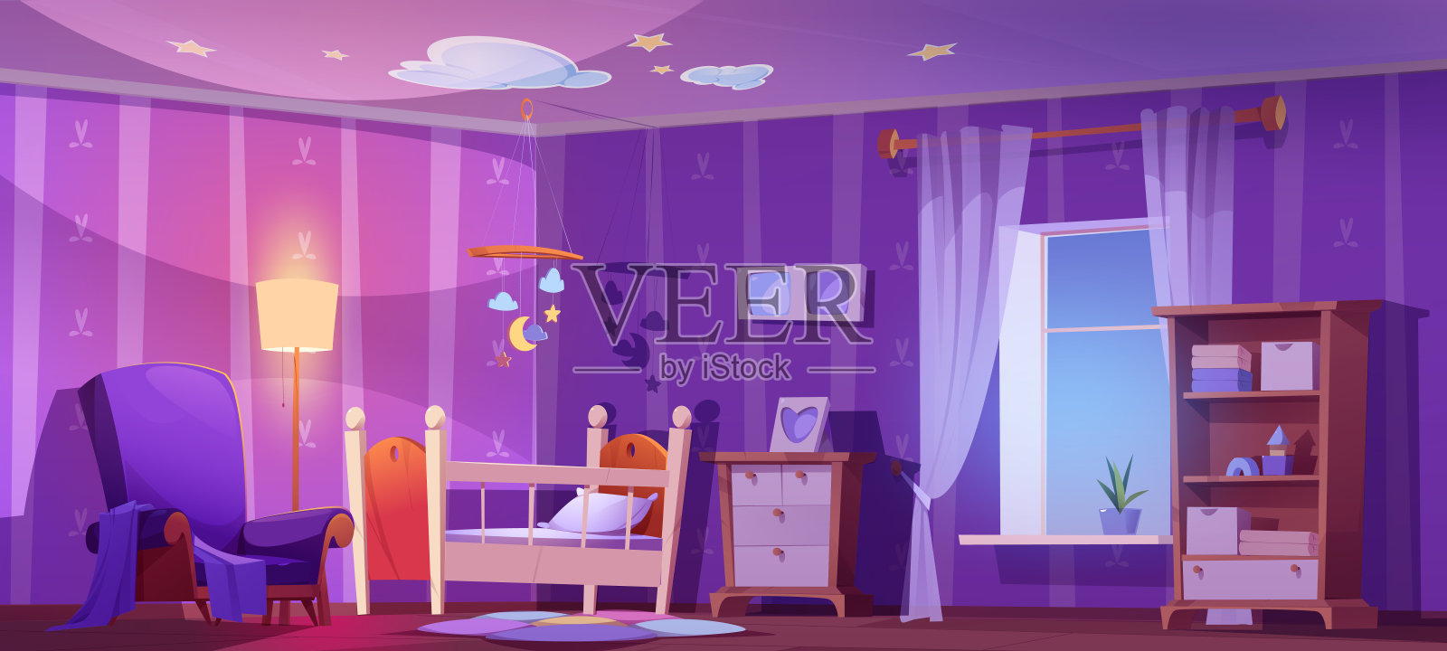 育婴室，婴儿房，带小床，晚上有椅子插画图片素材