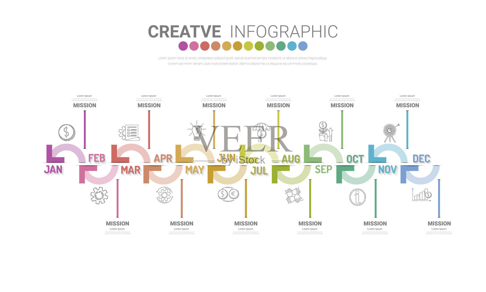时间轴业务12个月，信息图元素设计和演示可用于业务概念，有12个选项。设计模板素材
