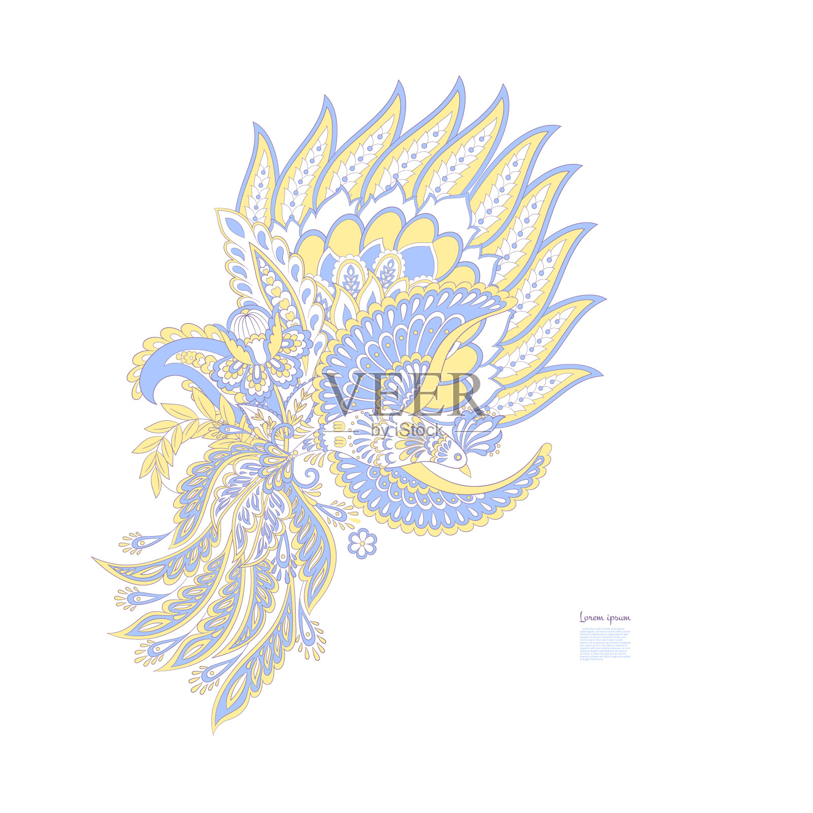 佩斯利矢量孤立模式与飞禽。绫风格复古插图插画图片素材