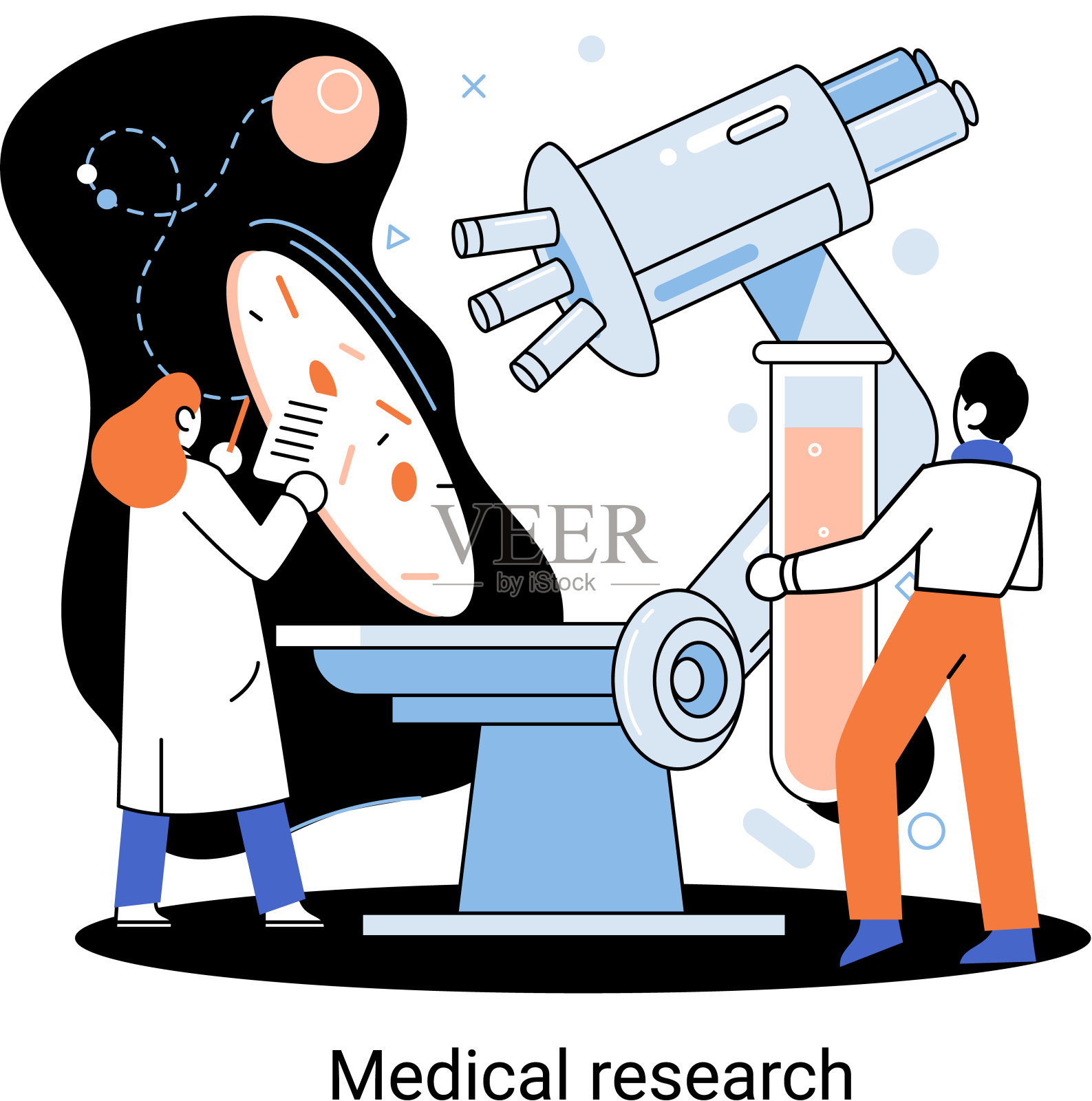 医学研究的隐喻。实验室诊断服务。科学家们用仪器和显微镜工作插画图片素材