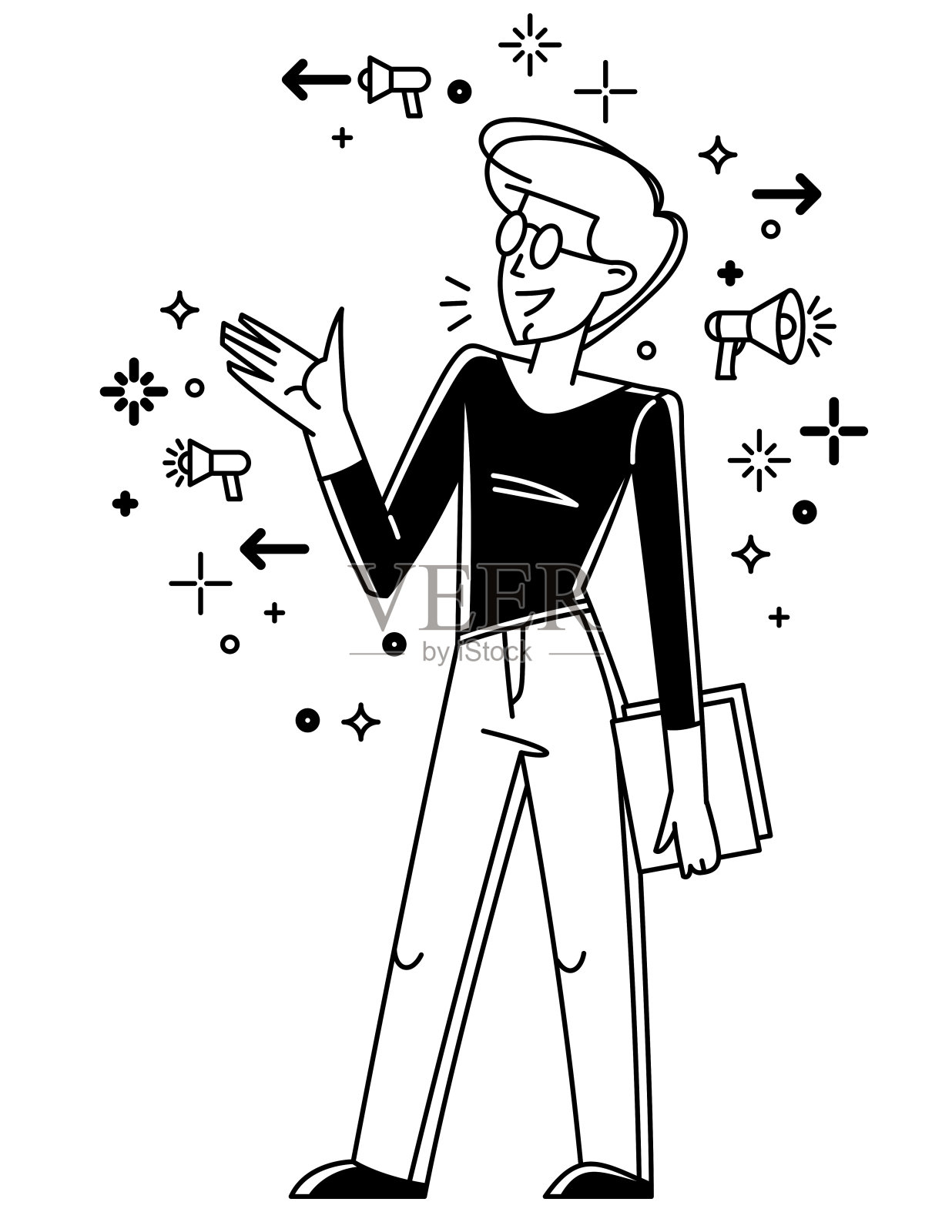 年轻男子办公室职员与一些纸质文件矢量轮廓插图。插画图片素材