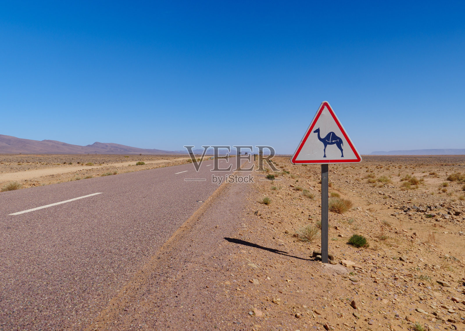 摩洛哥有骆驼路标的公路照片摄影图片