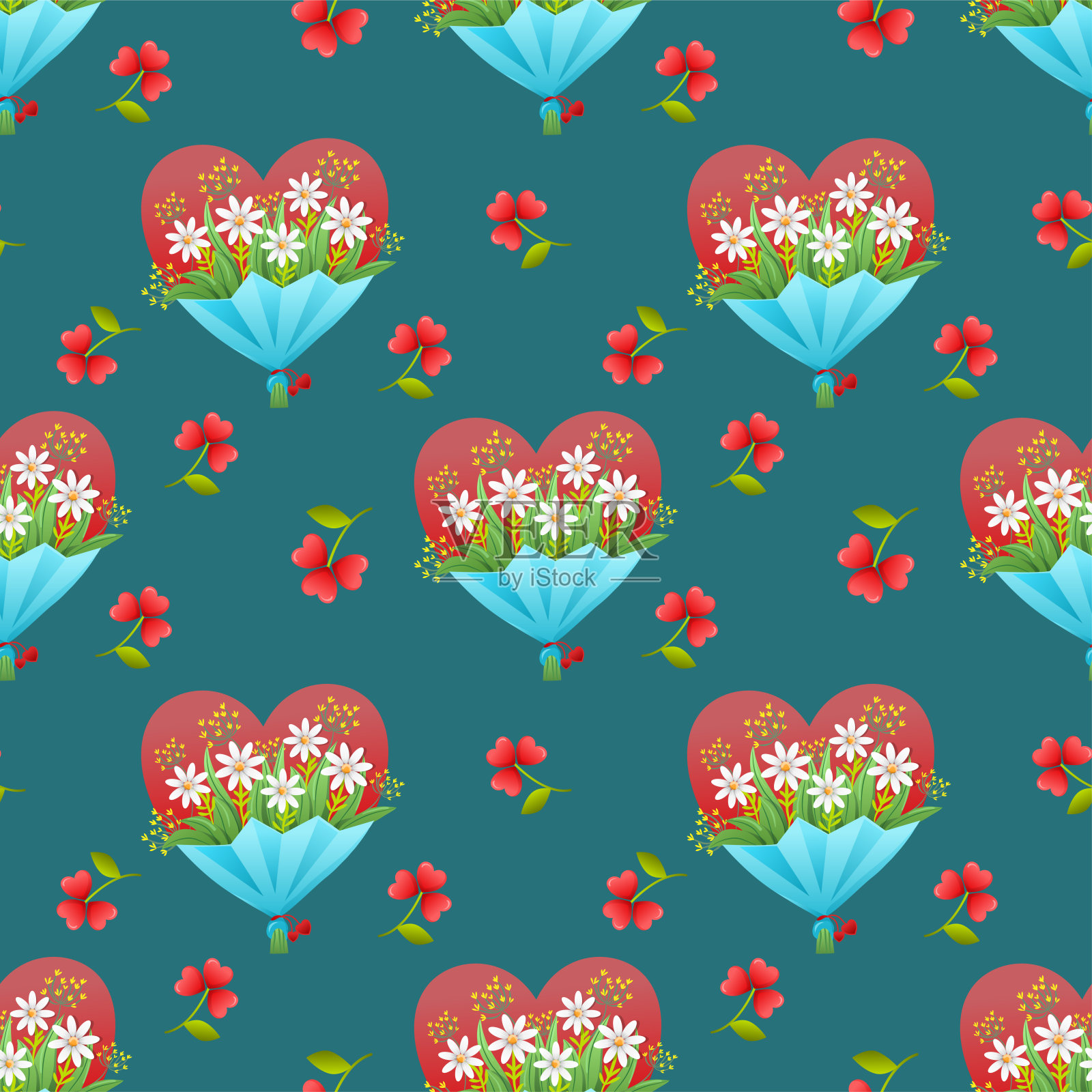 图案与一束鲜花和心形情人节与绿色波的颜色插画图片素材