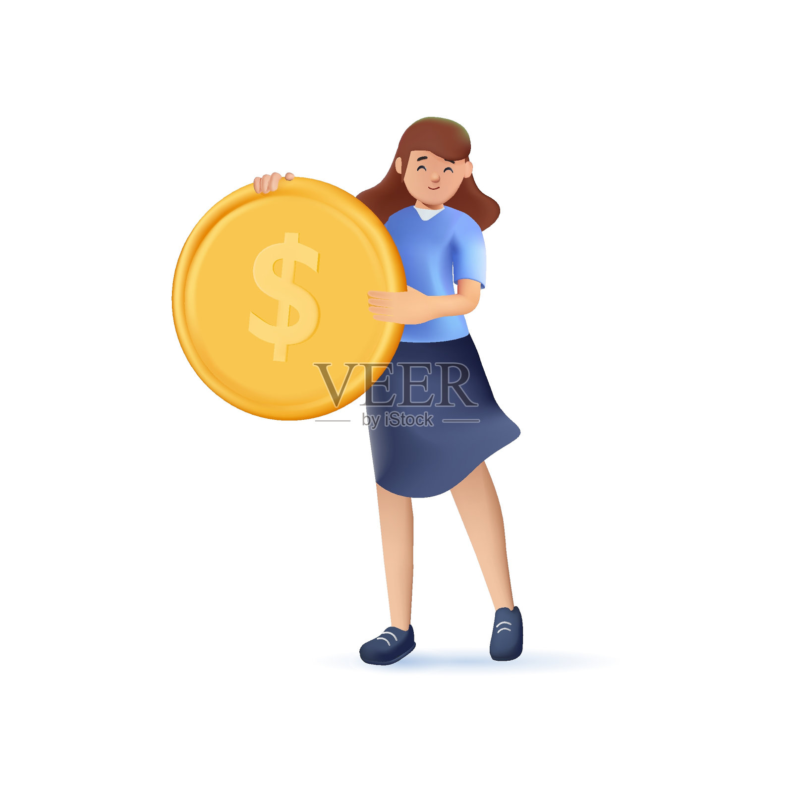 快乐的年轻女子拿着钱现金3D插图。人省钱，获得利润或高收入的三维矢量插画图片素材