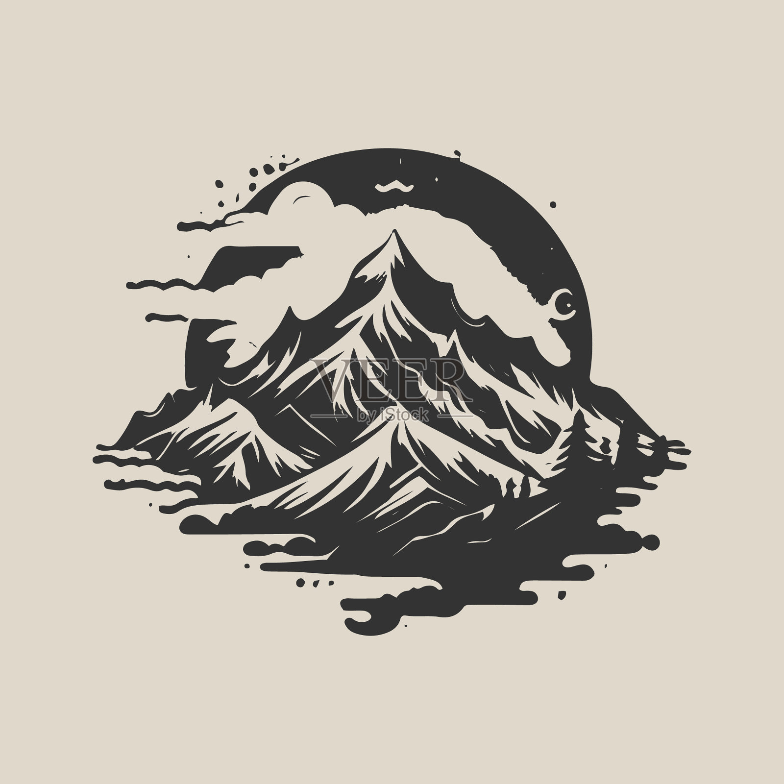 矢量复古的单色山脉和树木。山徽章矢量插画图片素材