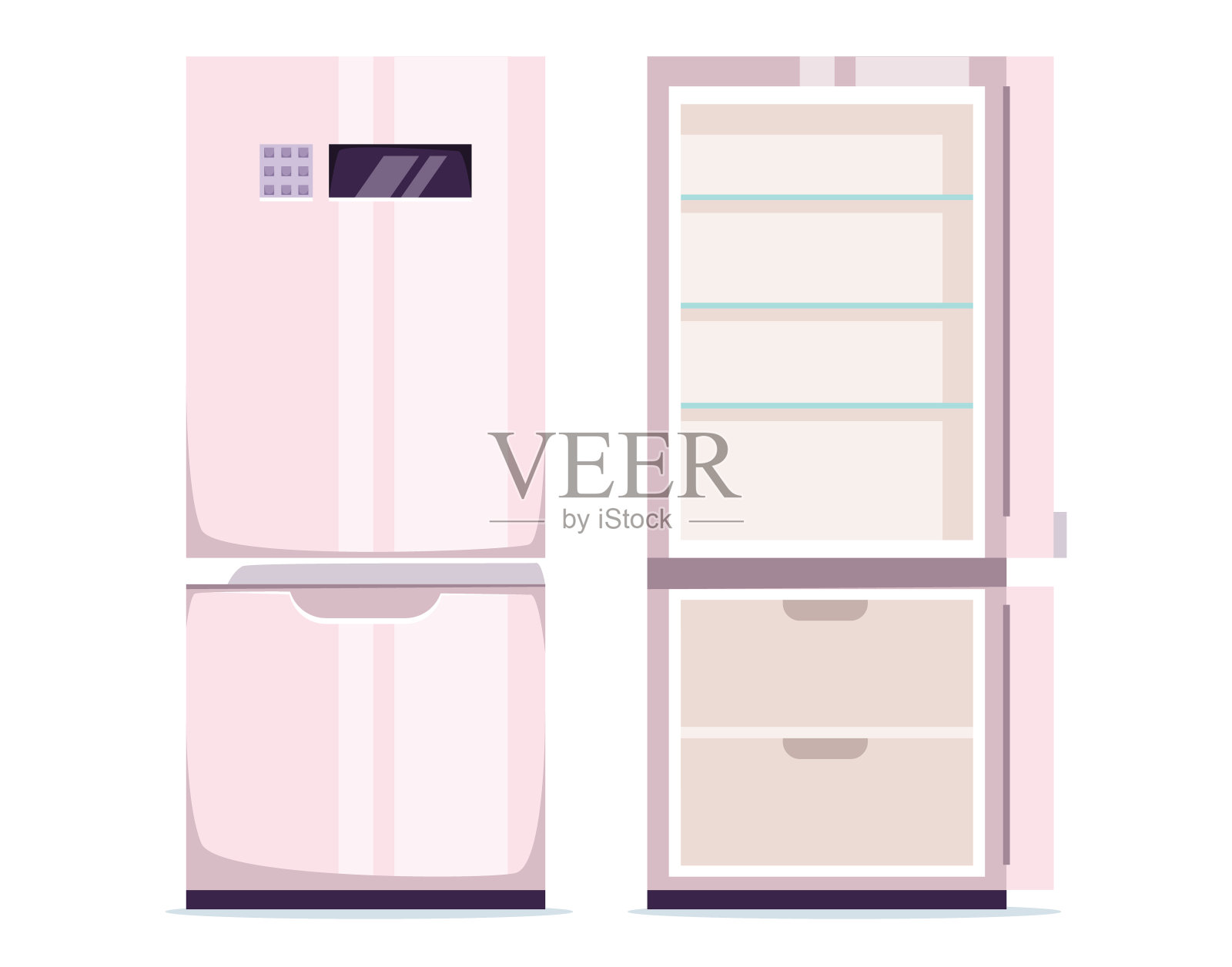 冰箱冰箱打开关闭空冷冻室隔离概念集。矢量图形设计元素说明插画图片素材