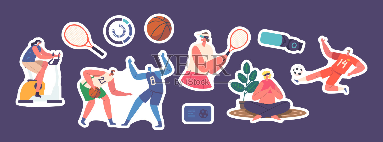 一套沉浸在虚拟现实体育活动，锻炼自行车，瑜伽，网球，足球和篮球的角色设计元素图片