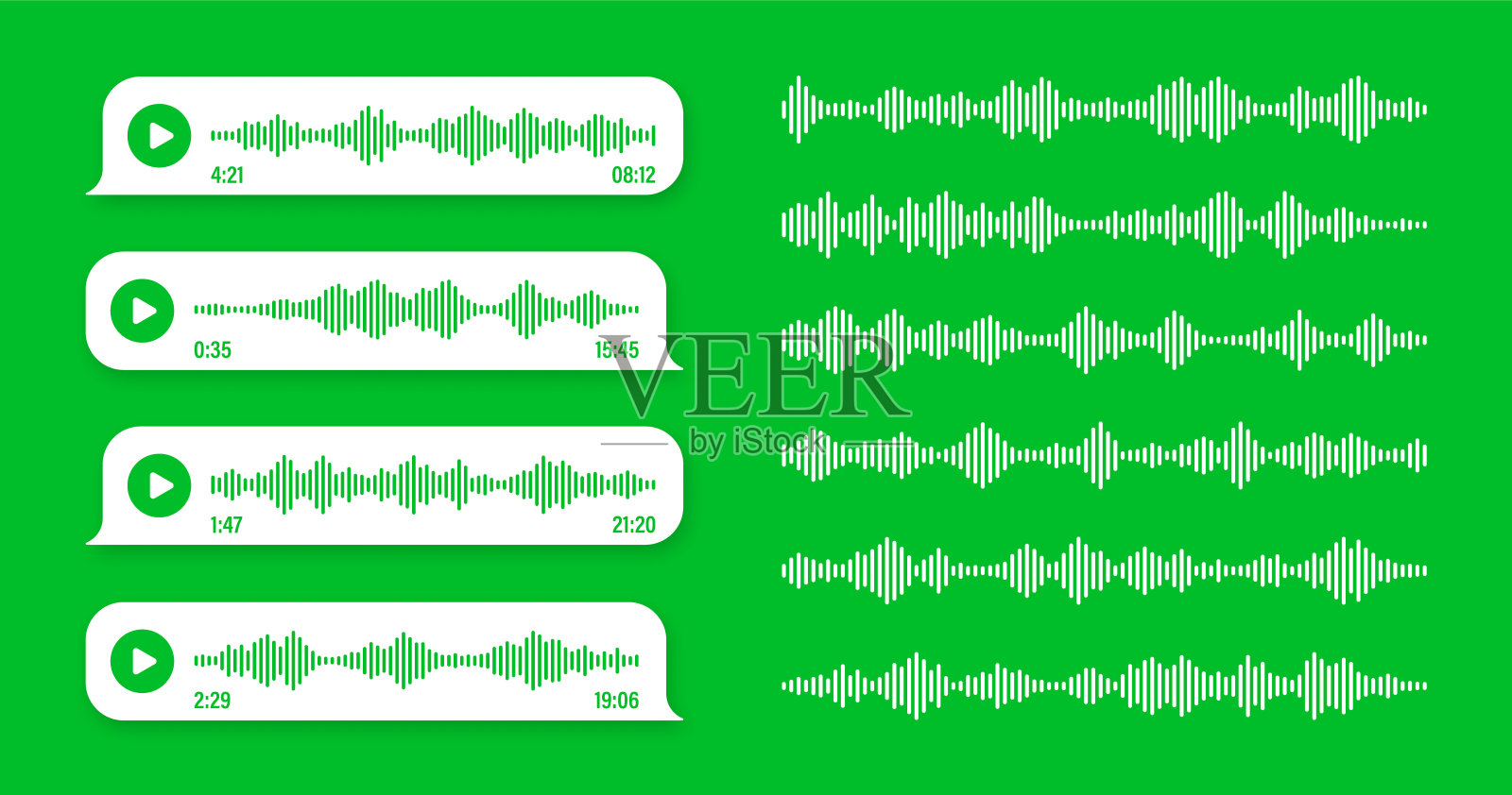 语音，语音留言，绿色语音气泡。短信文本框。社交媒体聊天或消息应用程序对话。语音助手，录音机。声波模式。矢量图插画图片素材