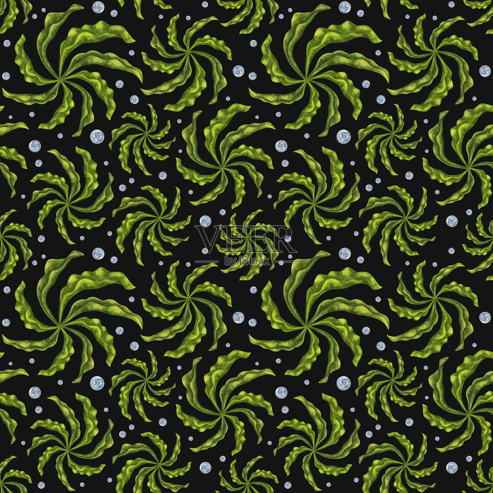 无缝的图案与茂密的鲜绿色海藻和水气泡。背景纺织品，织物，横幅，包装纸，壁纸和其他设计插画图片素材