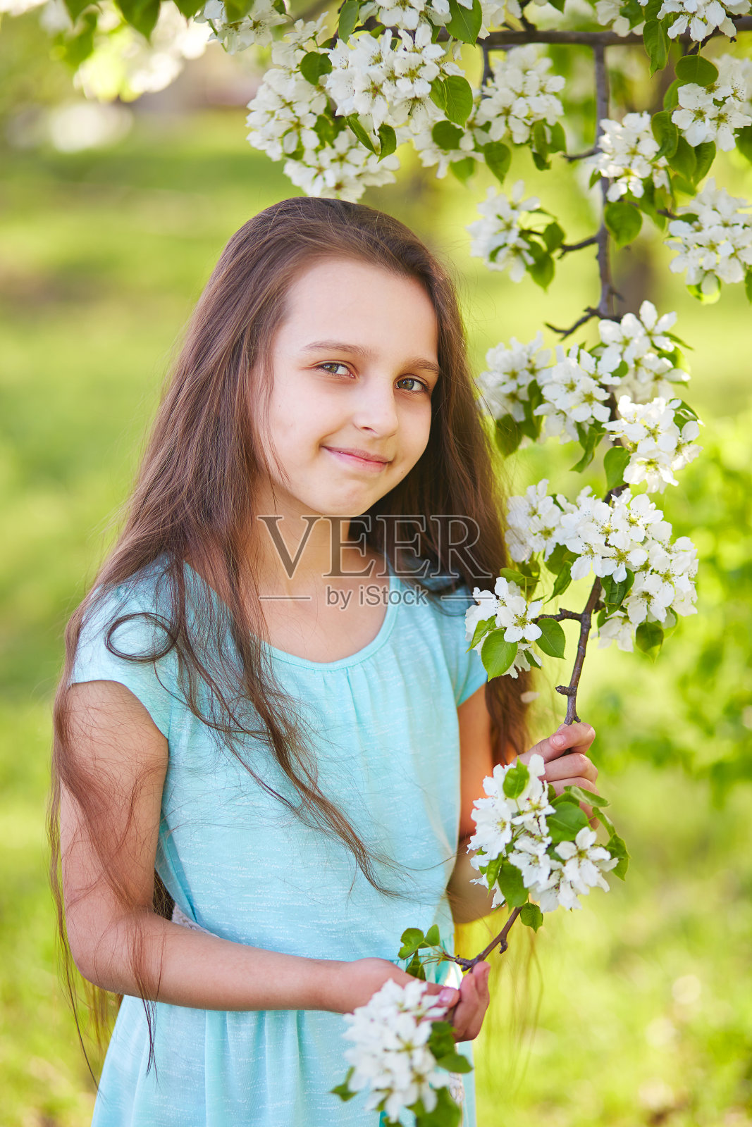 一个年轻女孩的肖像在盛开的苹果园。一个留着蓬松长发的年轻女孩。春天的画像，一个美丽的女孩在盛开的花园。照片摄影图片