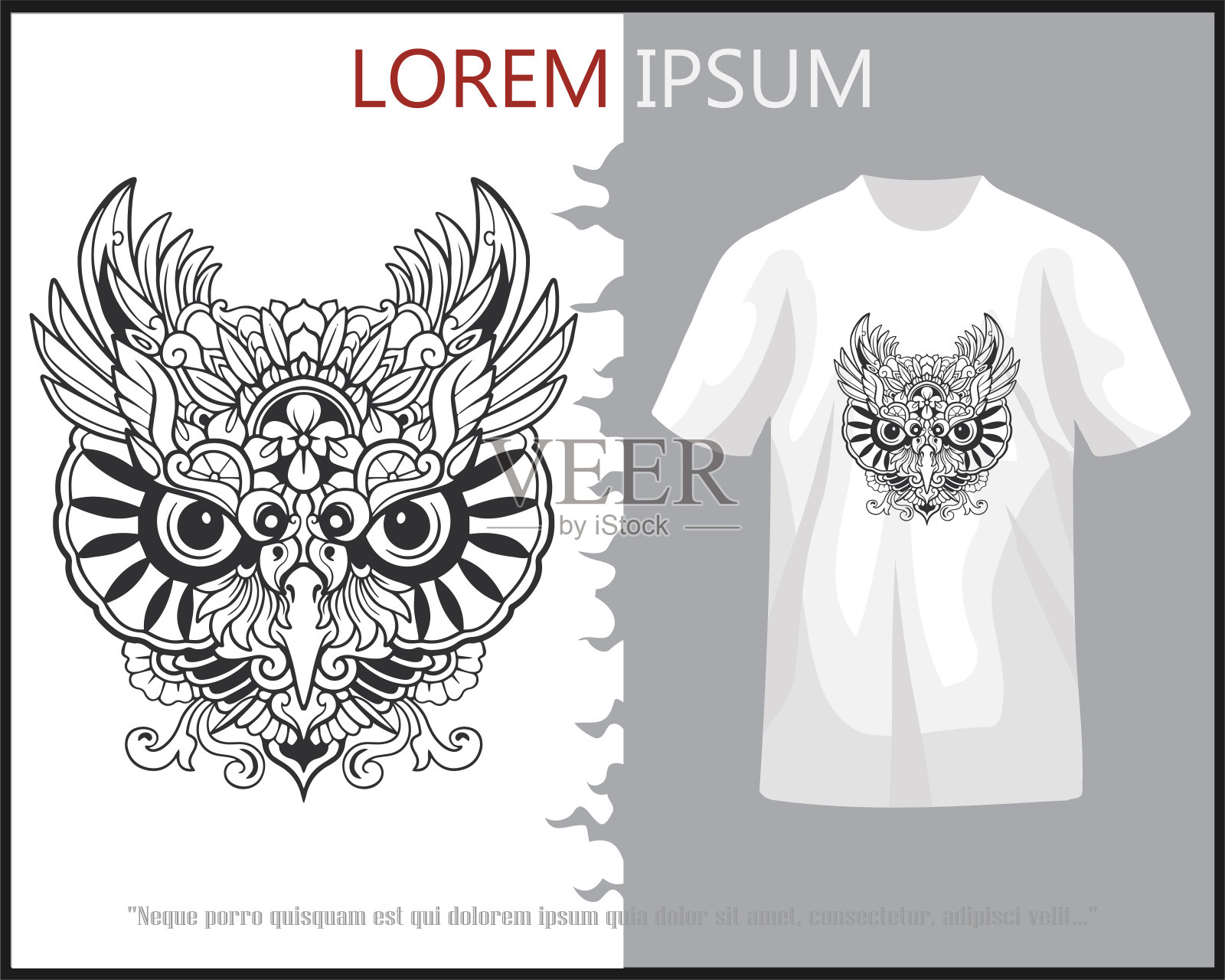 白色t恤上孤立的猫头鹰头曼荼罗艺术。设计模板素材