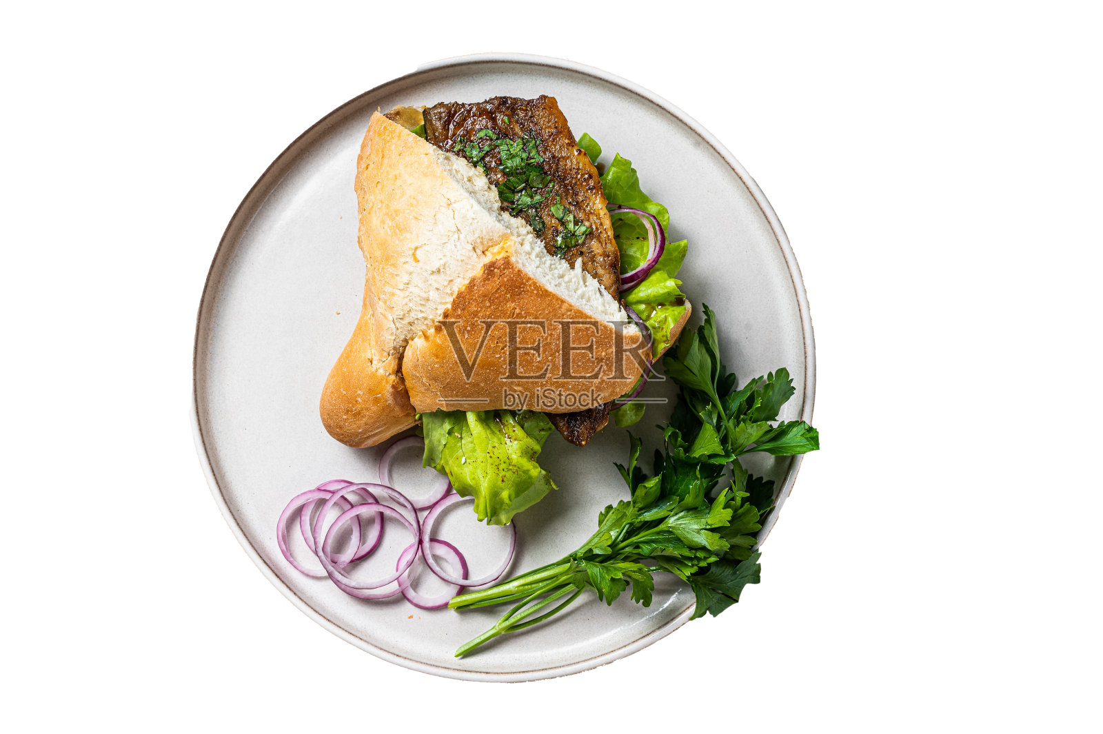 土耳其鱼三明治配烤鲭鱼片面包。孤立在白色背景上。照片摄影图片