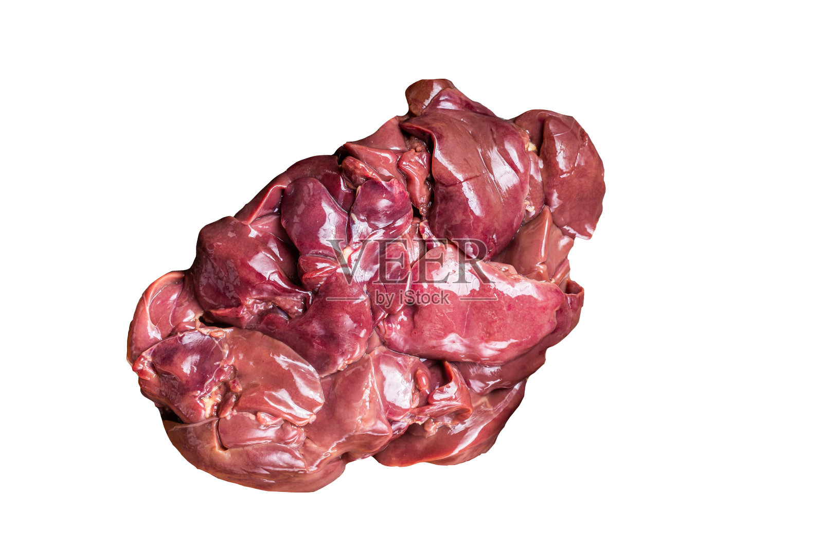 生鸡肝，木板上的新鲜鸡杂。孤立在白色背景上。照片摄影图片