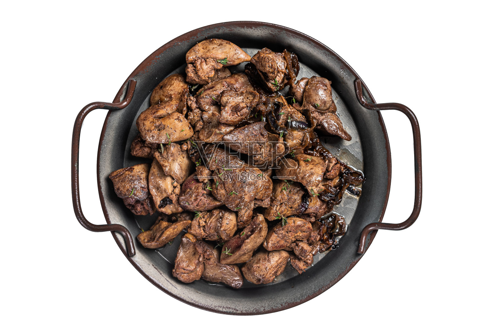 炒鸡肝配洋葱和香草。孤立在白色背景上。照片摄影图片