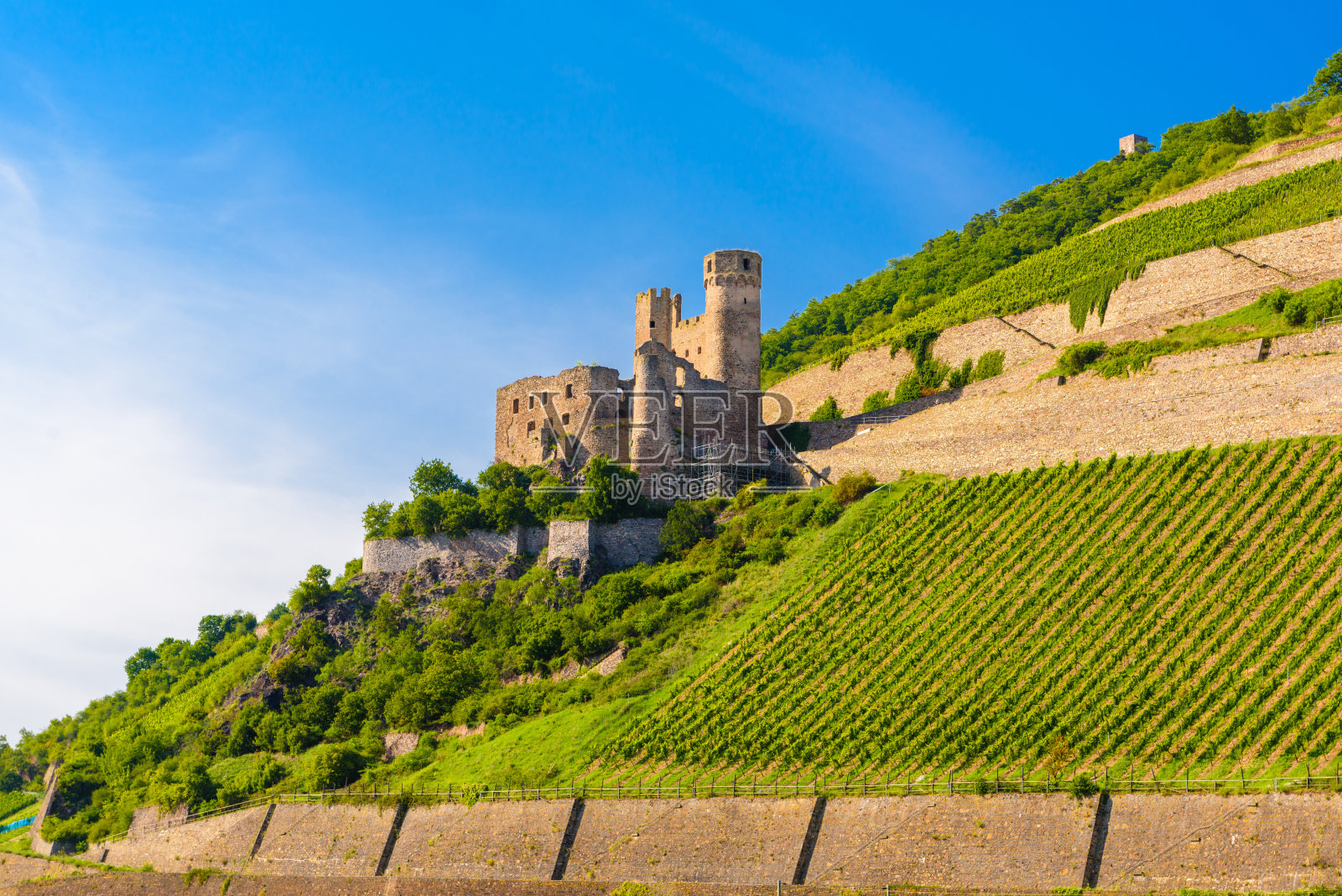 莱茵河畔鲁德斯海姆的埃伦菲尔斯城堡遗址，德国黑森州达姆施塔特的莱茵-陶努斯-克瑞斯照片摄影图片