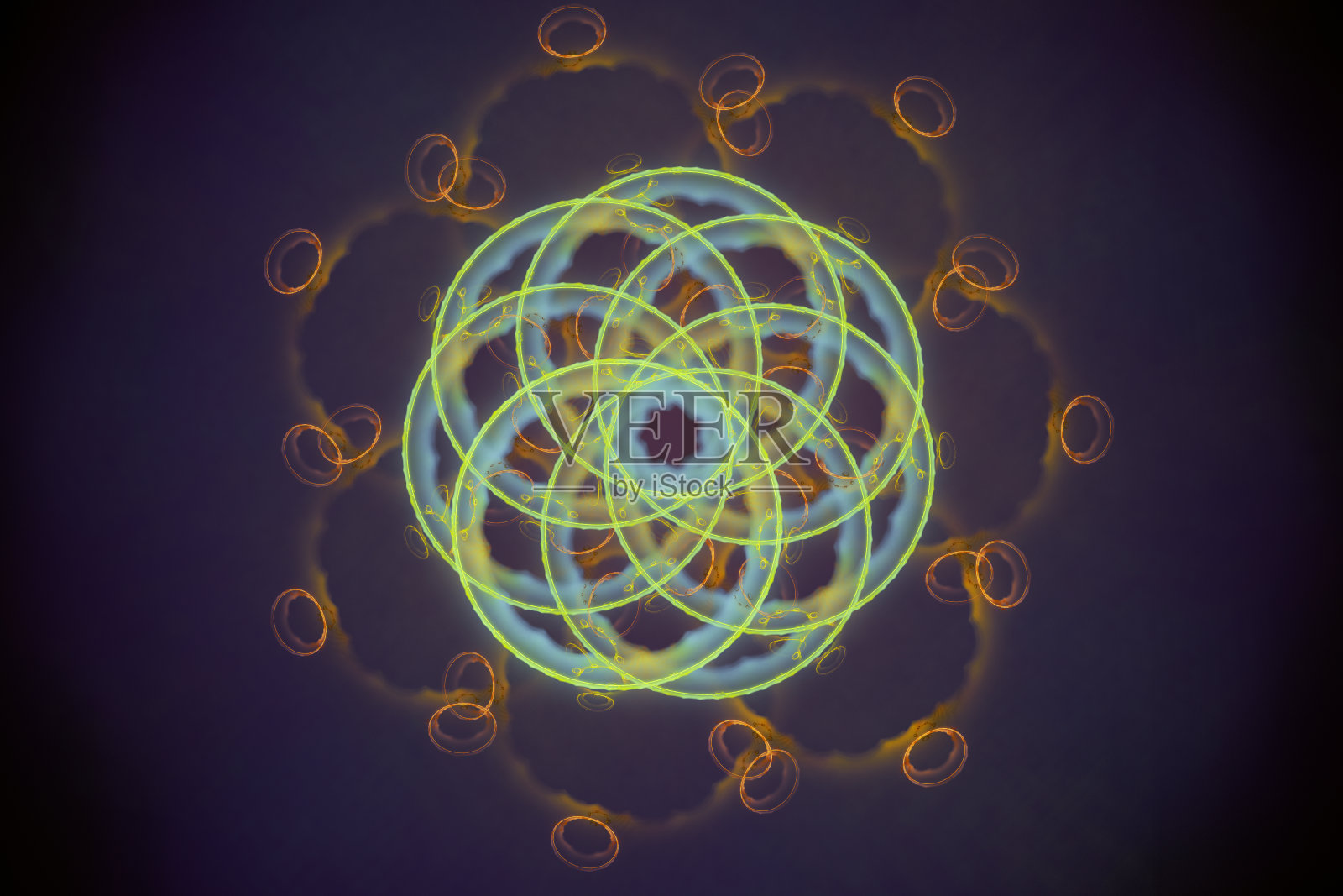 绿色橙色圆形花卉图案曲线线上的黑色背景。照片摄影图片