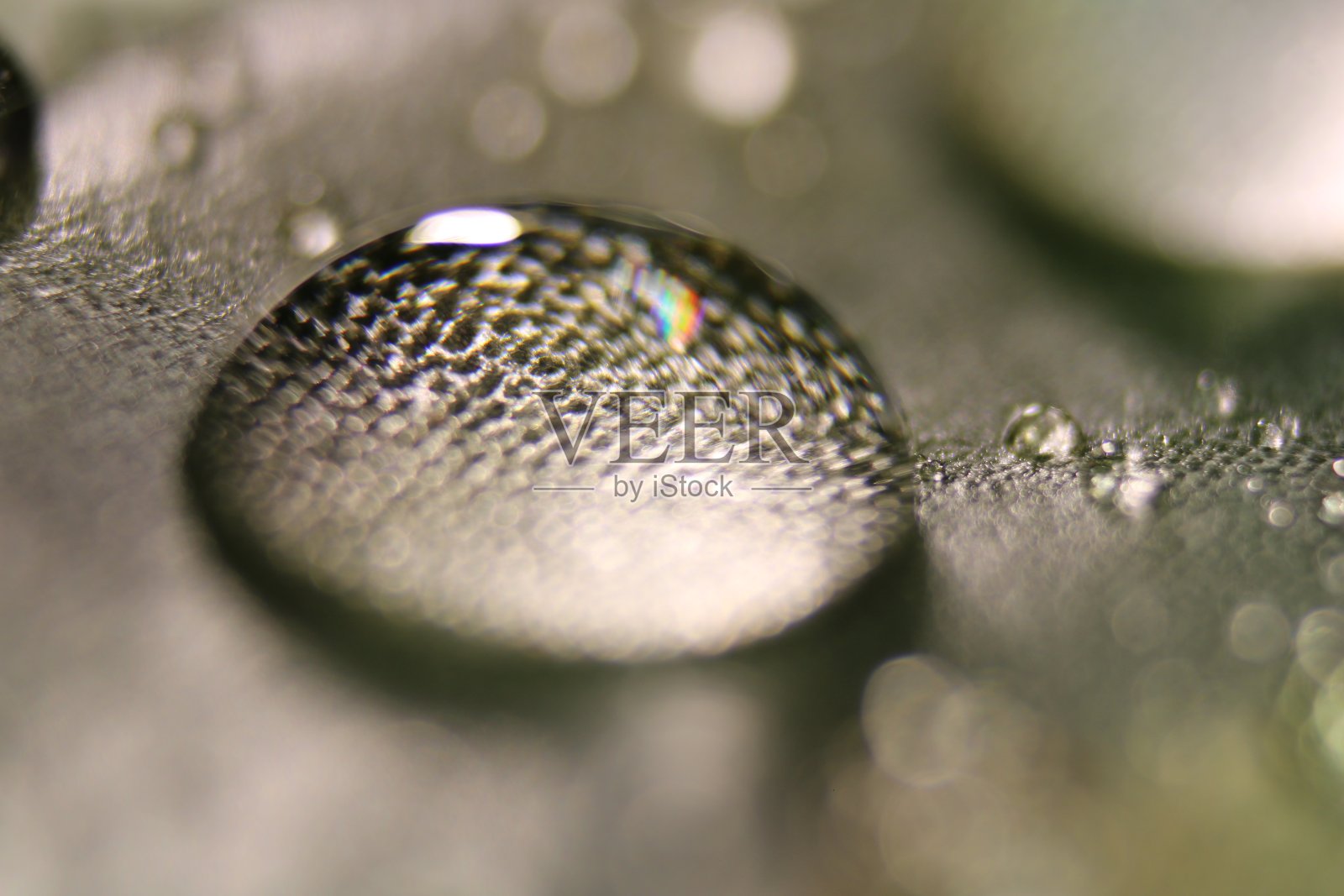 大水滴落在叶子上。水微距摄影。水滴五颜六色的彩虹。照片摄影图片