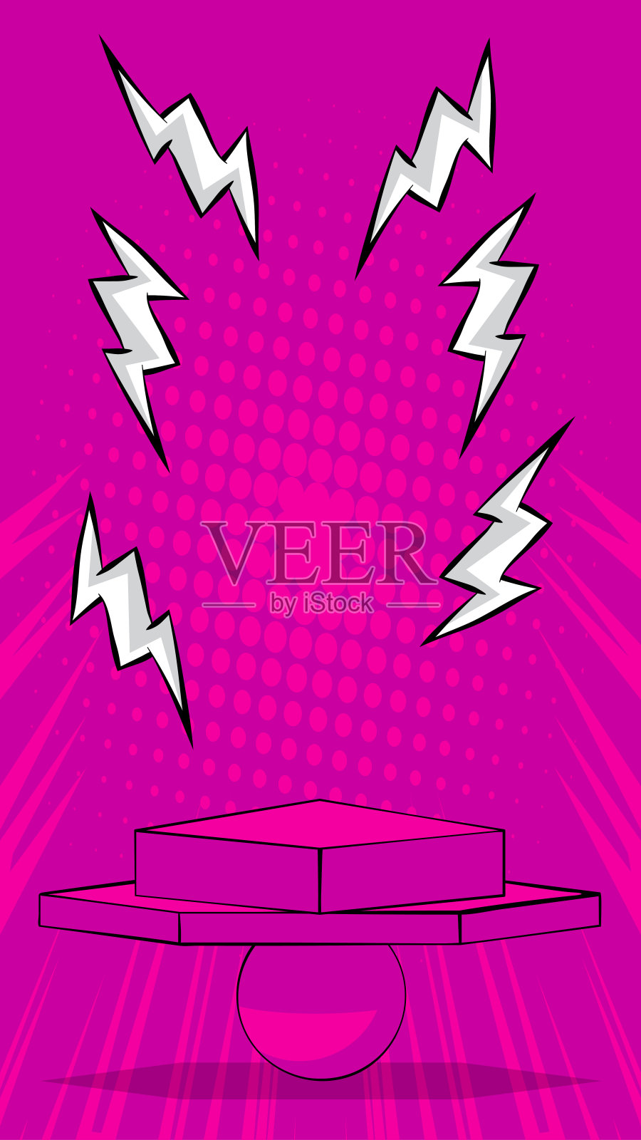 漫画书紫红色产品讲台舞台。漫画展厅的模型演示。流行艺术基座广告背景。插画图片素材