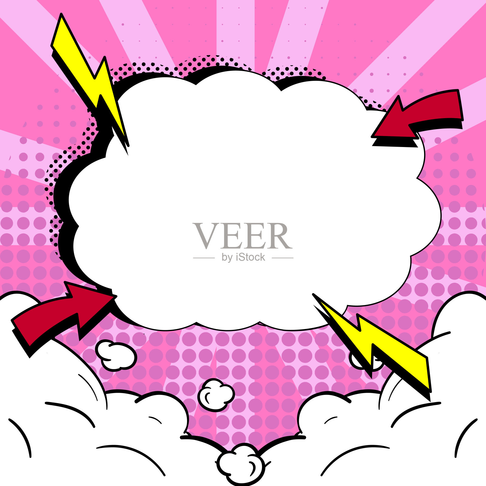 带有复制空间和彩色涂鸦的漫画语音气泡。表示社交媒体消息和连接的爆炸框架中空模板的设计。插画图片素材