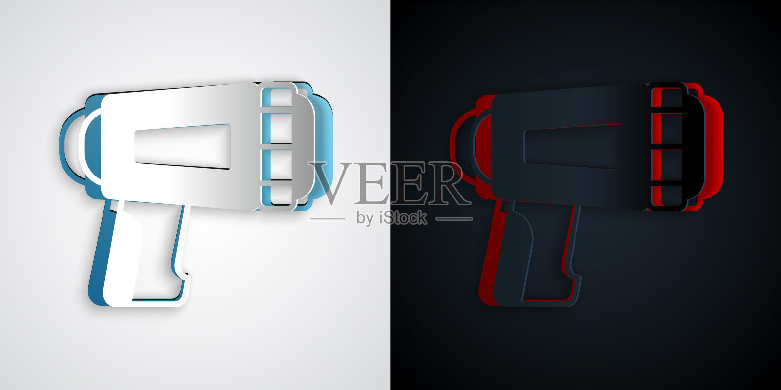 剪纸手电筒潜水员图标隔离在灰色和黑色背景。潜水水下设备。纸艺术风格。向量插画图片素材