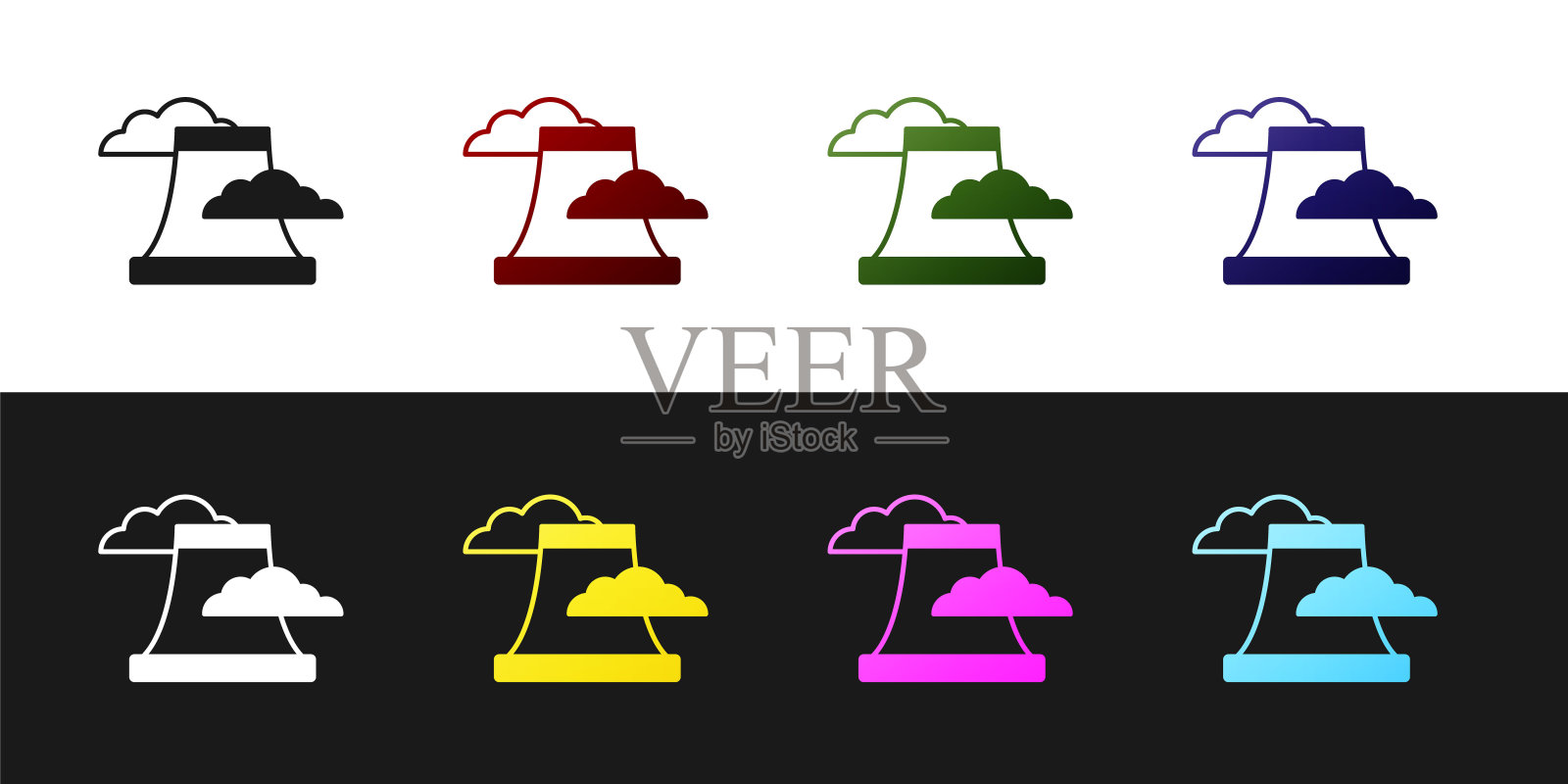 设置核电站图标隔离在黑色和白色背景。能源工业概念。向量图标素材