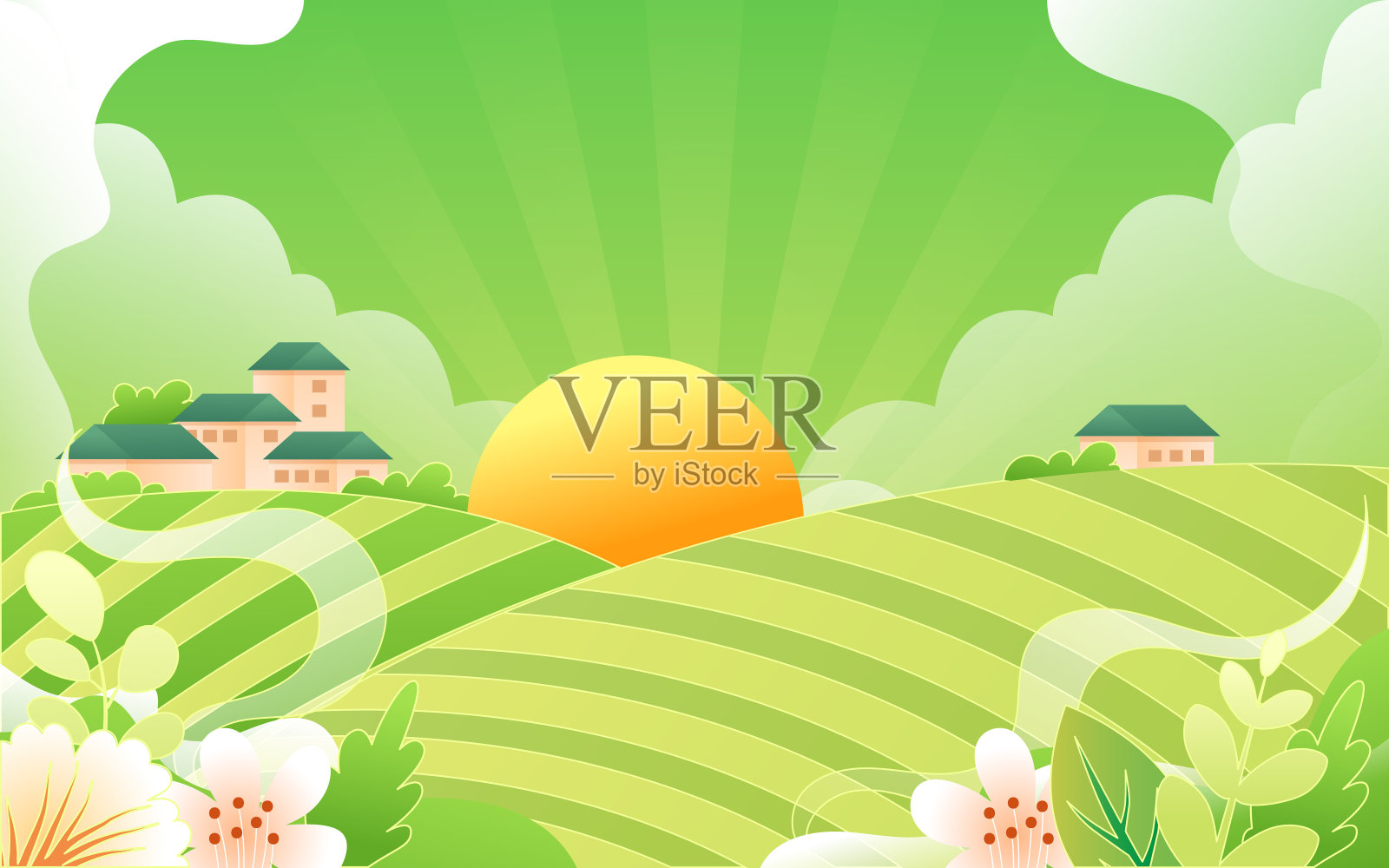 农民在春天播种，农场和村庄为背景，矢量插图插画图片素材