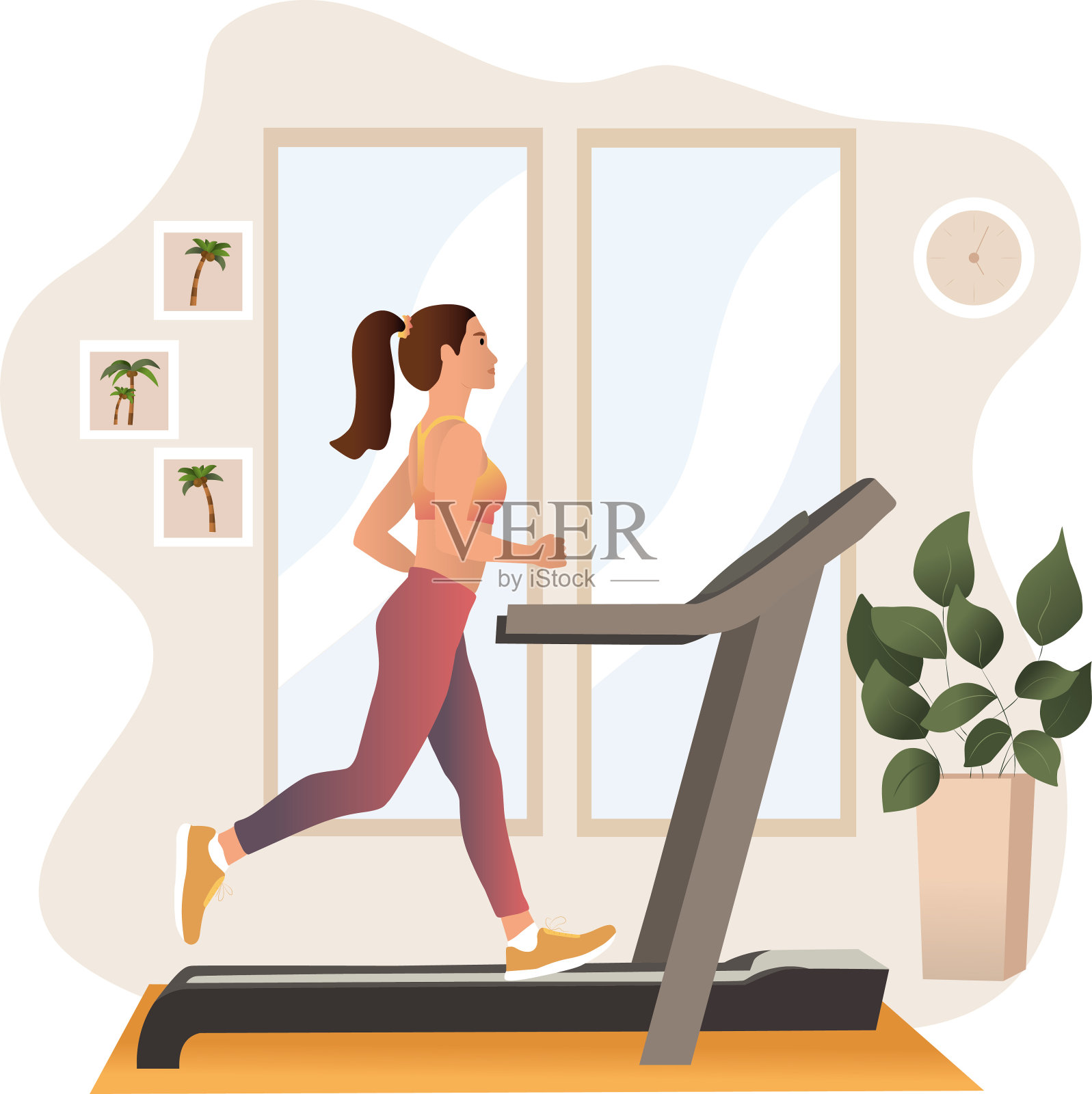 女孩在电动跑步机上跑步平面矢量插图。插画图片素材