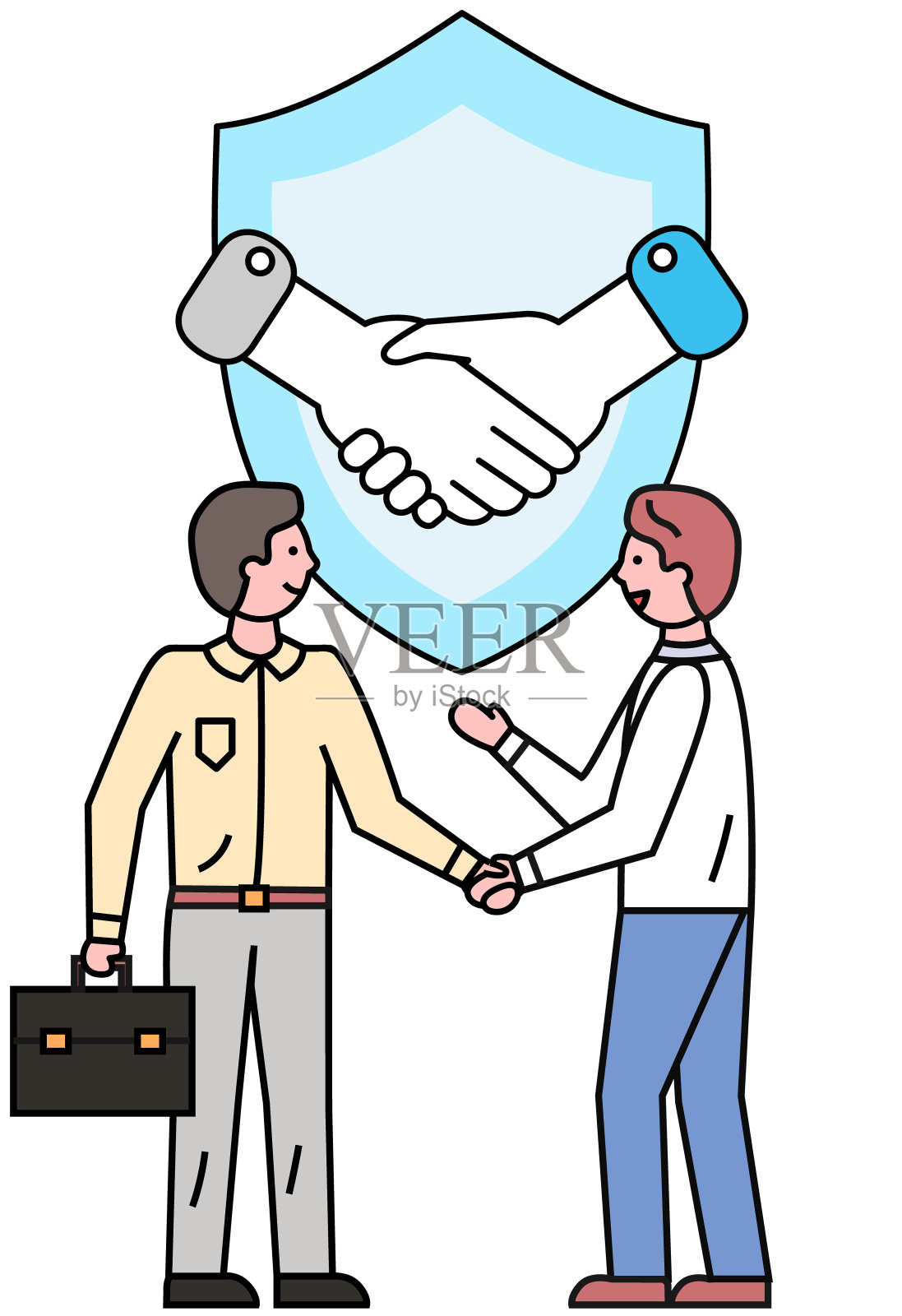 信任图标。用盾牌握手。伙伴关系和协议符号。保护信托插画图片素材