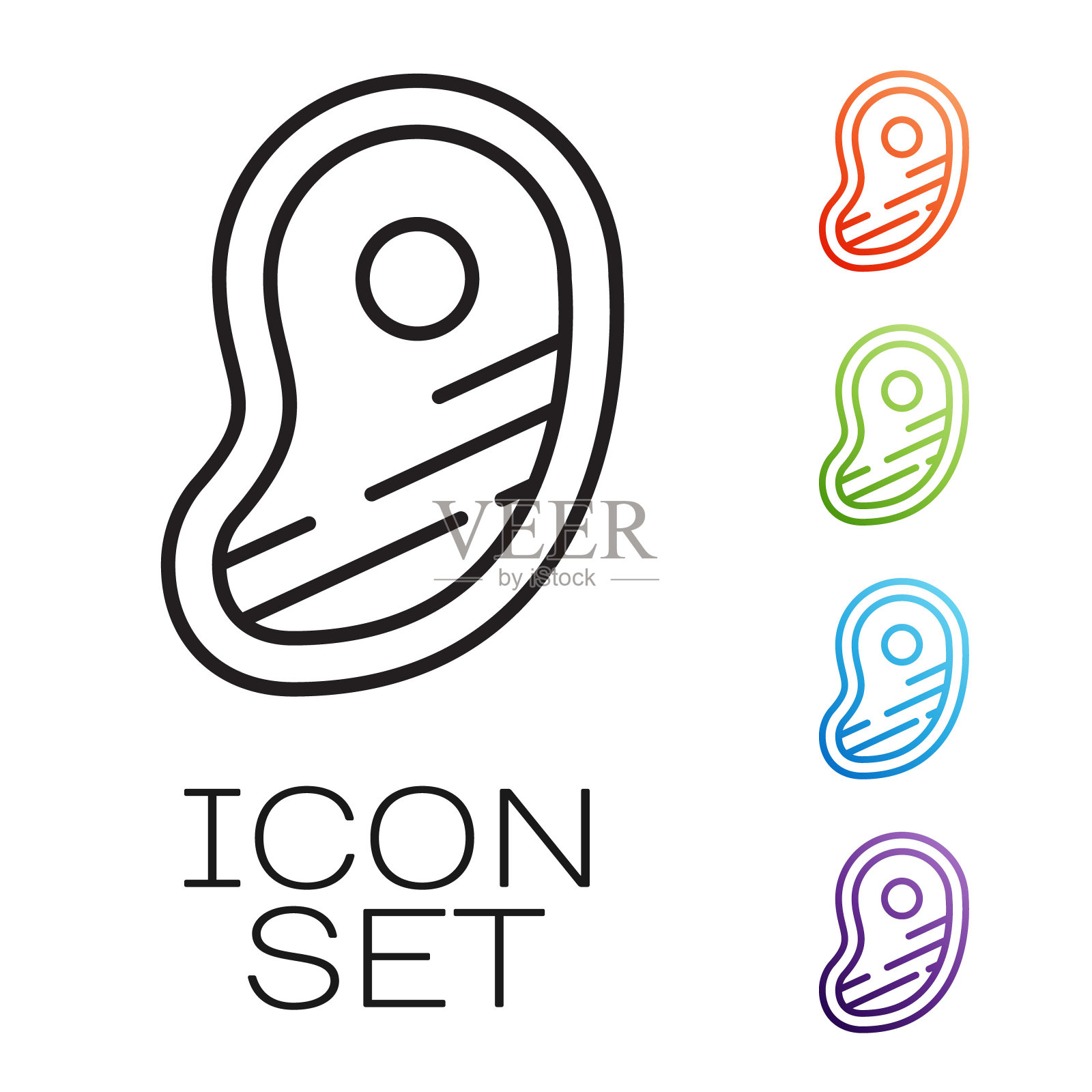 黑线牛排肉图标孤立在白色背景。设置彩色图标。向量图标素材