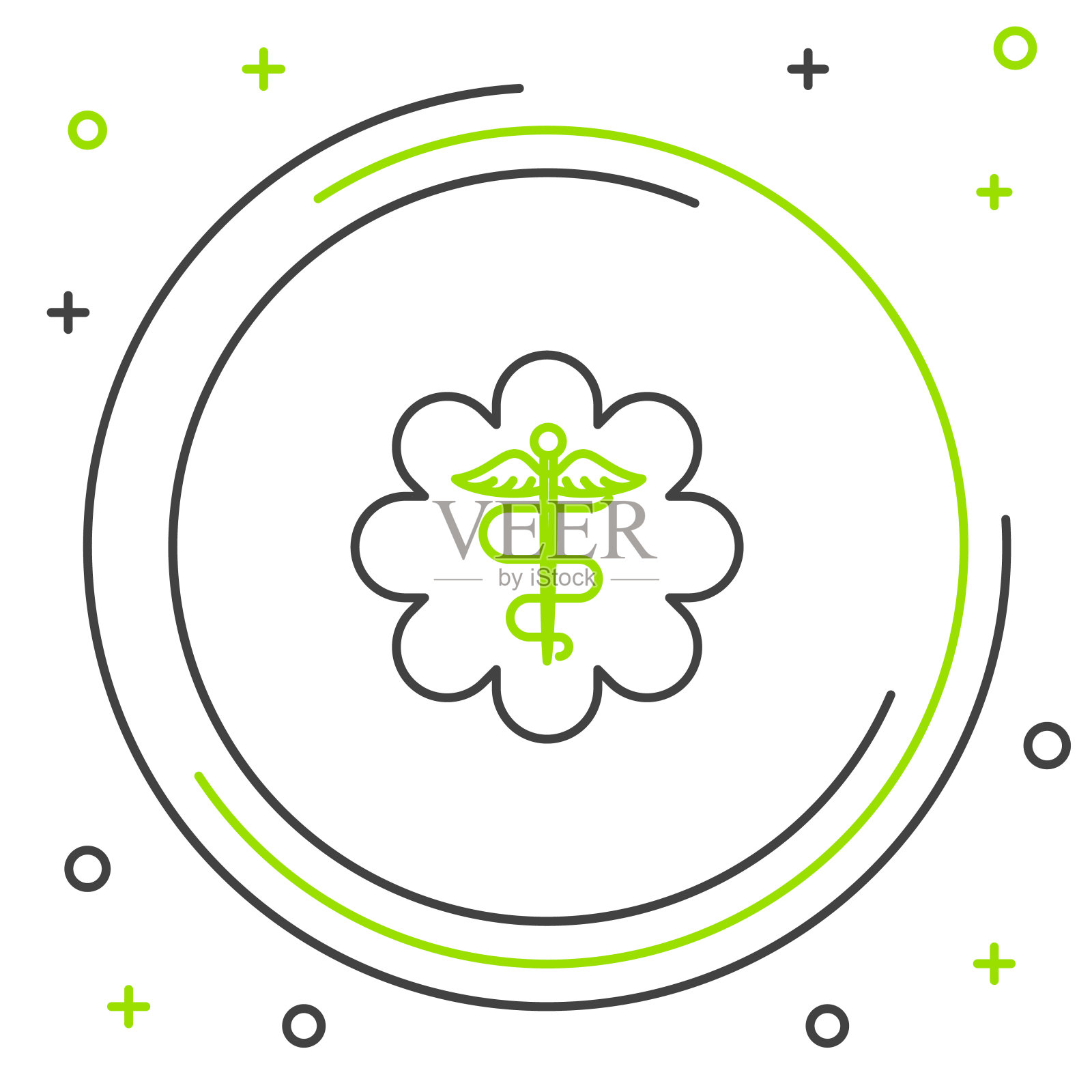 黑色和绿色线紧急星-医疗符号墨丘西厄斯蛇与木棍图标隔离在白色背景上。生命之星。彩色轮廓概念。矢量图插画图片素材