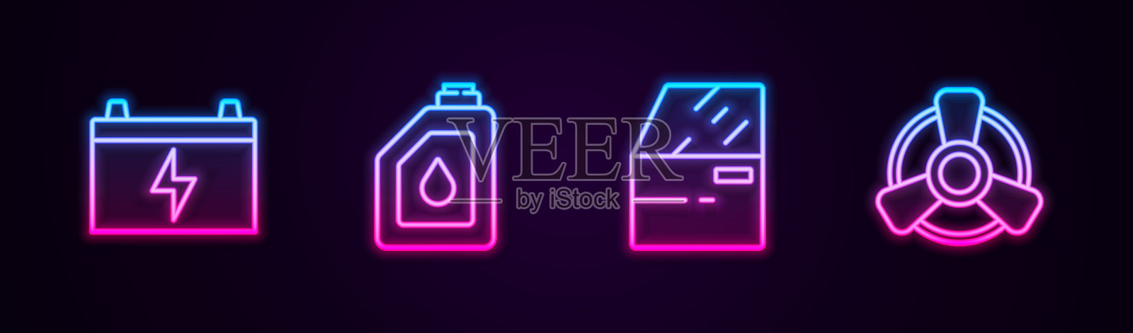 车用蓄电池，机油罐，车门，通风机。发光的霓虹灯图标。向量插画图片素材