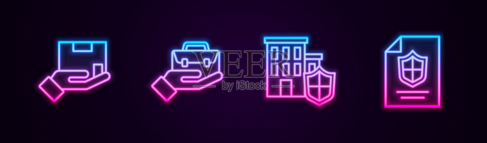设置送货保险，手提公文包，带盾的房子和合同。发光的霓虹灯图标。向量插画图片素材