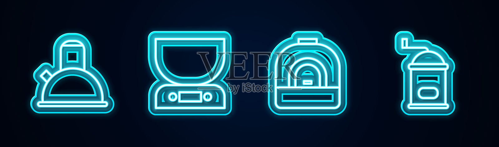 设置带手柄的线壶，电子秤，烤箱和手动咖啡研磨机。发光的霓虹灯图标。向量插画图片素材
