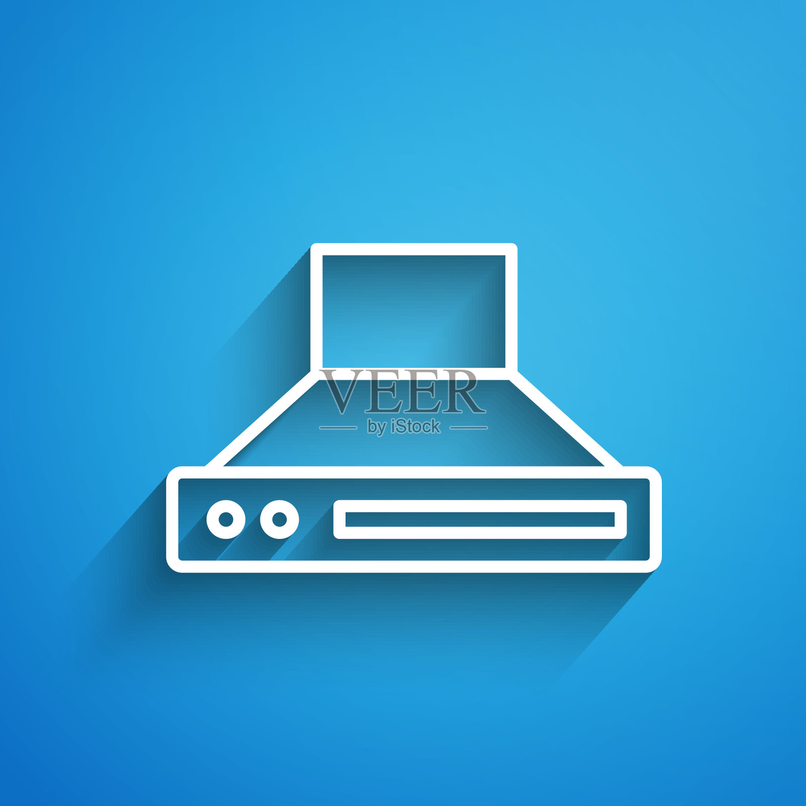 白线厨房抽风机图标孤立在蓝色背景。炊具罩。厨房排气。家用电器。长长的阴影。向量插画图片素材