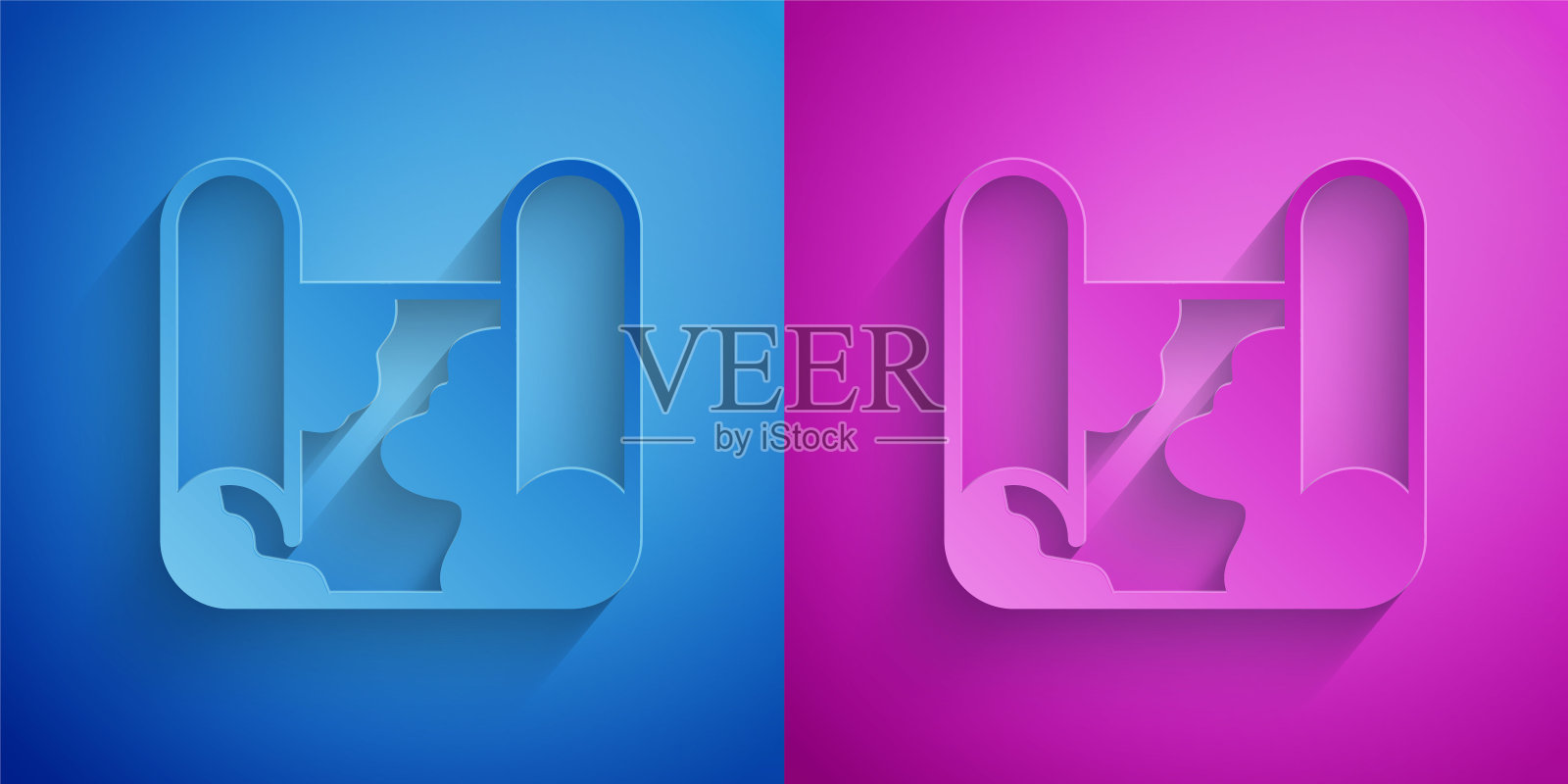 折叠地图图标孤立在蓝色和紫色的背景。纸艺术风格。向量图标素材