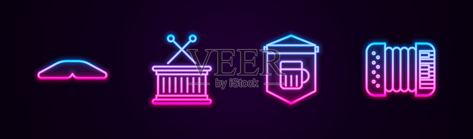 自制派，音乐鼓和棍子，招牌，啤酒和手风琴。发光的霓虹灯图标。向量插画图片素材