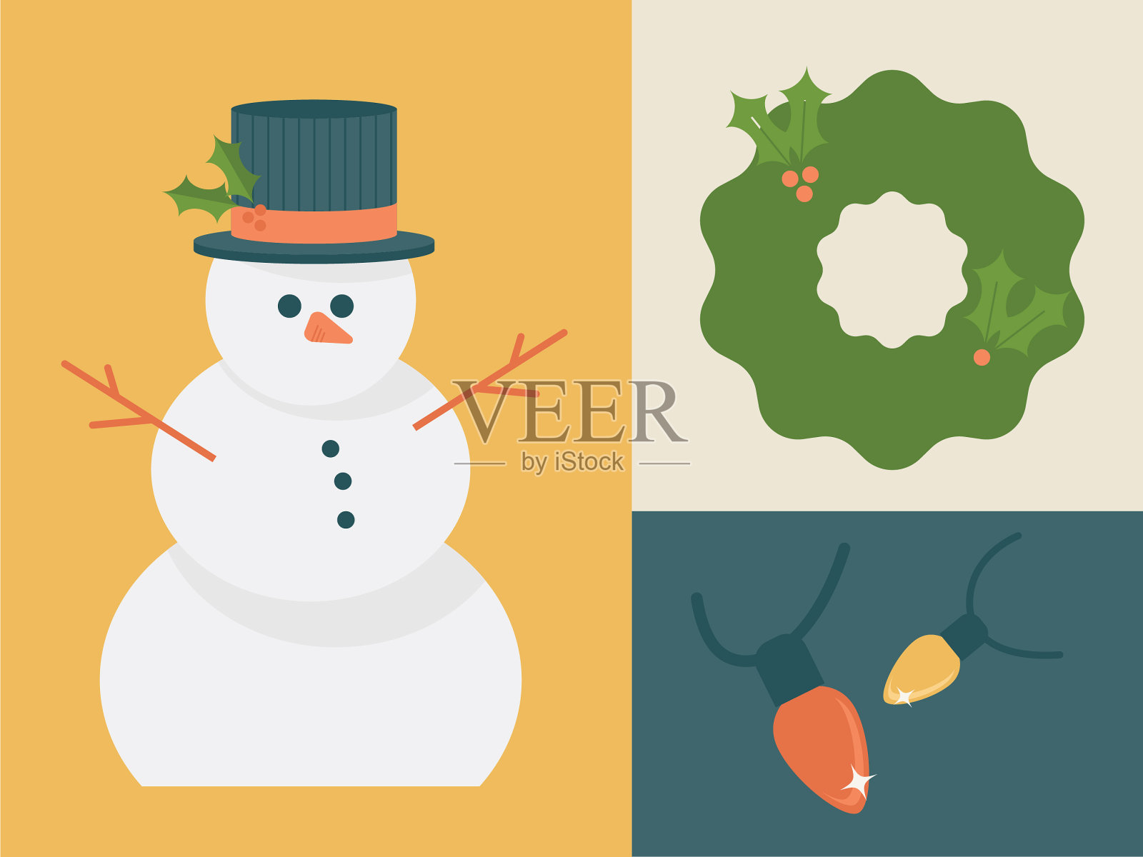 冬季雪人与帽子，花环，灯插画图片素材