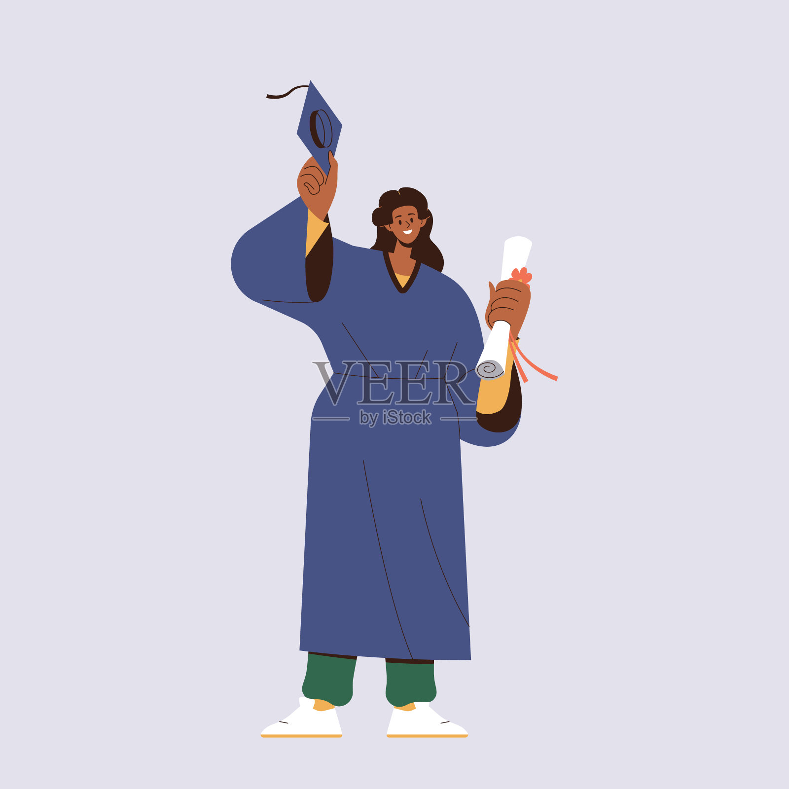 欢快的女学生穿着礼服庆祝毕业，高举帽子，手里拿着文凭插画图片素材