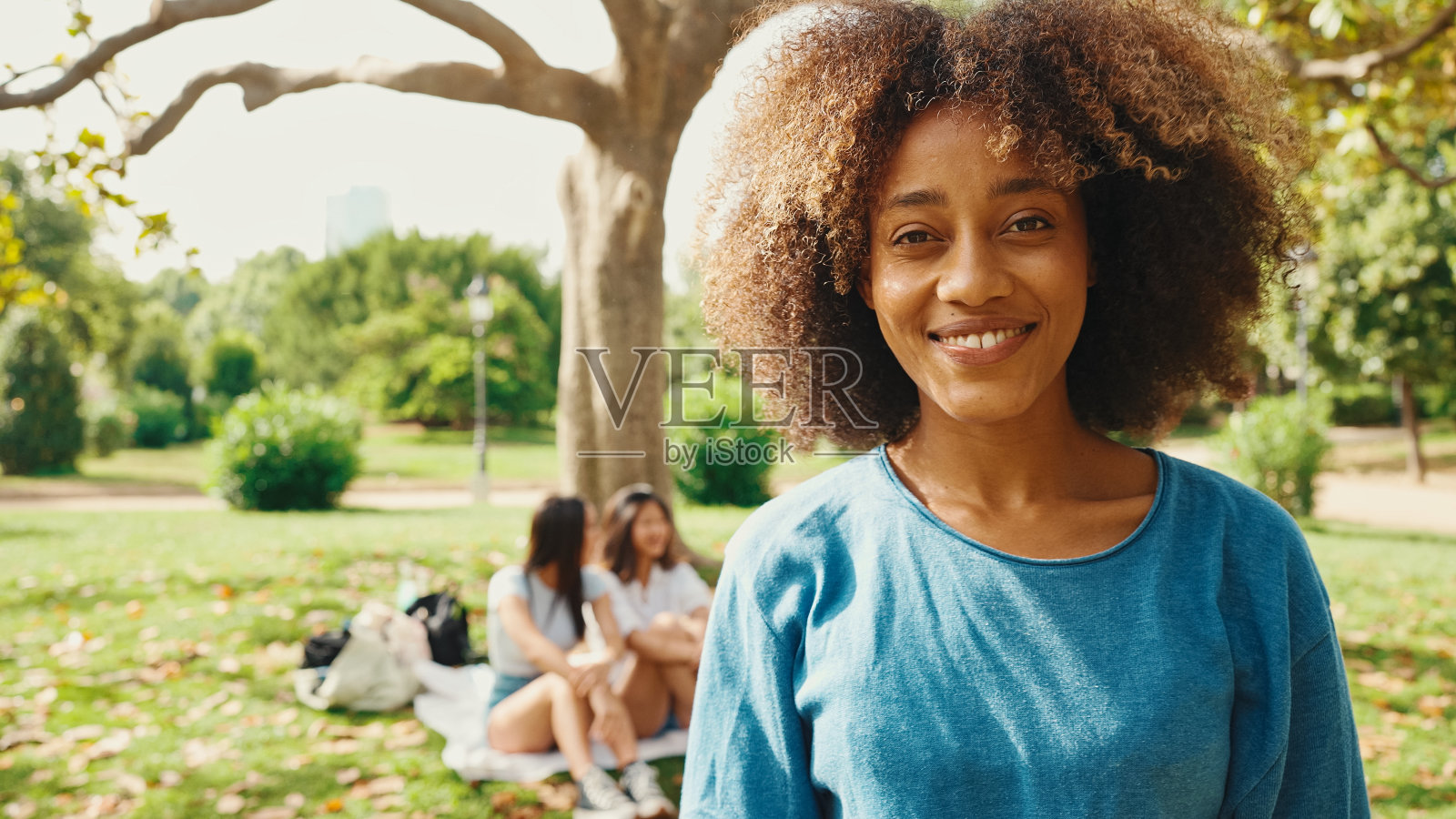 在公园里，身穿蓝色t恤的卷发年轻微笑女子的肖像。夏日的户外野餐，她的朋友坐在远处模糊的背景照片摄影图片